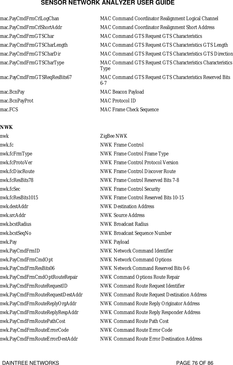 SENSOR NETWORK ANALYZER USER GUIDE DAINTREE NETWORKS                                                                                   PAGE 76 OF 86 mac.PayCmdFrmCrlLogChan MAC Command Coordinator Realignment Logical Channel mac.PayCmdFrmCrlShortAddr MAC Command Coordinator Realignment Short Address mac.PayCmdFrmGTSChar MAC Command GTS Request GTS Characteristics mac.PayCmdFrmGTSCharLength MAC Command GTS Request GTS Characteristics GTS Length mac.PayCmdFrmGTSCharDir MAC Command GTS Request GTS Characteristics GTS Direction mac.PayCmdFrmGTSCharType MAC Command GTS Request GTS Characteristics Characteristics Type mac.PayCmdFrmGTSReqResBits67 MAC Command GTS Request GTS Characteristics Reserved Bits 6-7 mac.BcnPay MAC Beacon Payload mac.BcnPayProt MAC Protocol ID mac.FCS MAC Frame Check Sequence    NWK  nwk ZigBee NWK nwk.fc NWK Frame Control nwk.fcFrmType NWK Frame Control Frame Type nwk.fcProtoVer NWK Frame Control Protocol Version nwk.fcDiscRoute NWK Frame Control Discover Route nwk.fcResBits78 NWK Frame Control Reserved Bits 7-8 nwk.fcSec NWK Frame Control Security nwk.fcResBits1015 NWK Frame Control Reserved Bits 10-15 nwk.destAddr NWK Destination Address nwk.srcAddr NWK Source Address nwk.bcstRadius NWK Broadcast Radius nwk.bcstSeqNo NWK Broadcast Sequence Number nwk.Pay NWK Payload nwk.PayCmdFrmID NWK Network Command Identifier nwk.PayCmdFrmCmdOpt NWK Network Command Options nwk.PayCmdFrmResBits06 NWK Network Command Reserved Bits 0-6 nwk.PayCmdFrmCmdOptRouteRepair NWK Command Options Route Repair nwk.PayCmdFrmRouteRequestID NWK Command Route Request Identifier nwk.PayCmdFrmRouteRequestDestAddr NWK Command Route Request Destination Address nwk.PayCmdFrmRouteReplyOrgAddr NWK Command Route Reply Originator Address nwk.PayCmdFrmRouteReplyRespAddr NWK Command Route Reply Responder Address nwk.PayCmdFrmRoutePathCost NWK Command Route Path Cost nwk.PayCmdFrmRouteErrorCode NWK Command Route Error Code nwk.PayCmdFrmRouteErrorDestAddr NWK Command Route Error Destination Address 