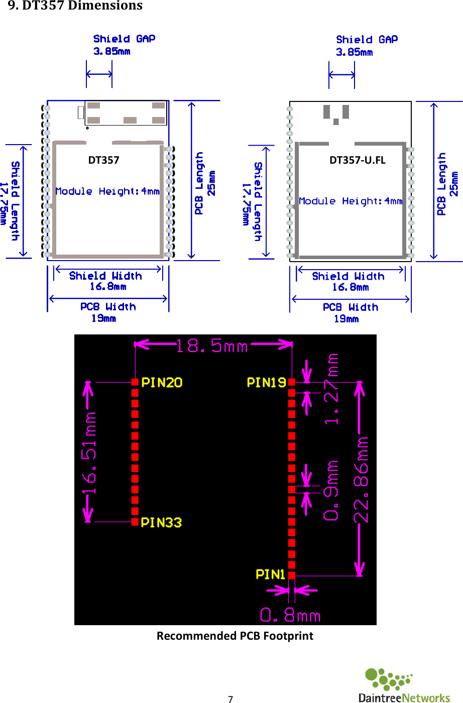   7   9. DT357 Dimensions                                                                                                        Recommended PCB Footprint   DT357 DT357-U.FL 