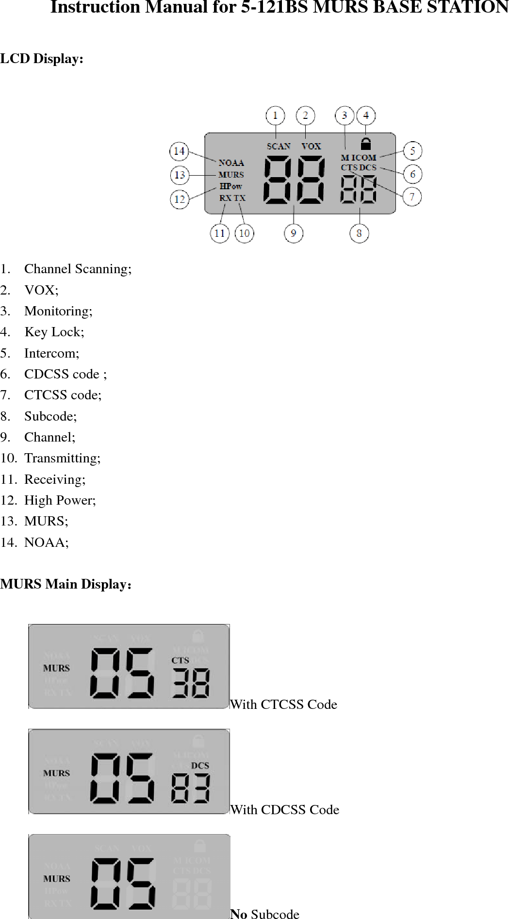 Instruction Manual for 5-121BS MURS BASE STATION    LCD Display:   1. Channel Scanning; 2. VOX; 3. Monitoring; 4. Key Lock; 5. Intercom; 6. CDCSS code ; 7. CTCSS code; 8. Subcode; 9. Channel; 10. Transmitting; 11. Receiving; 12. High Power; 13. MURS; 14. NOAA;  MURS Main Display：  With CTCSS Code With CDCSS Code  No Subcode 