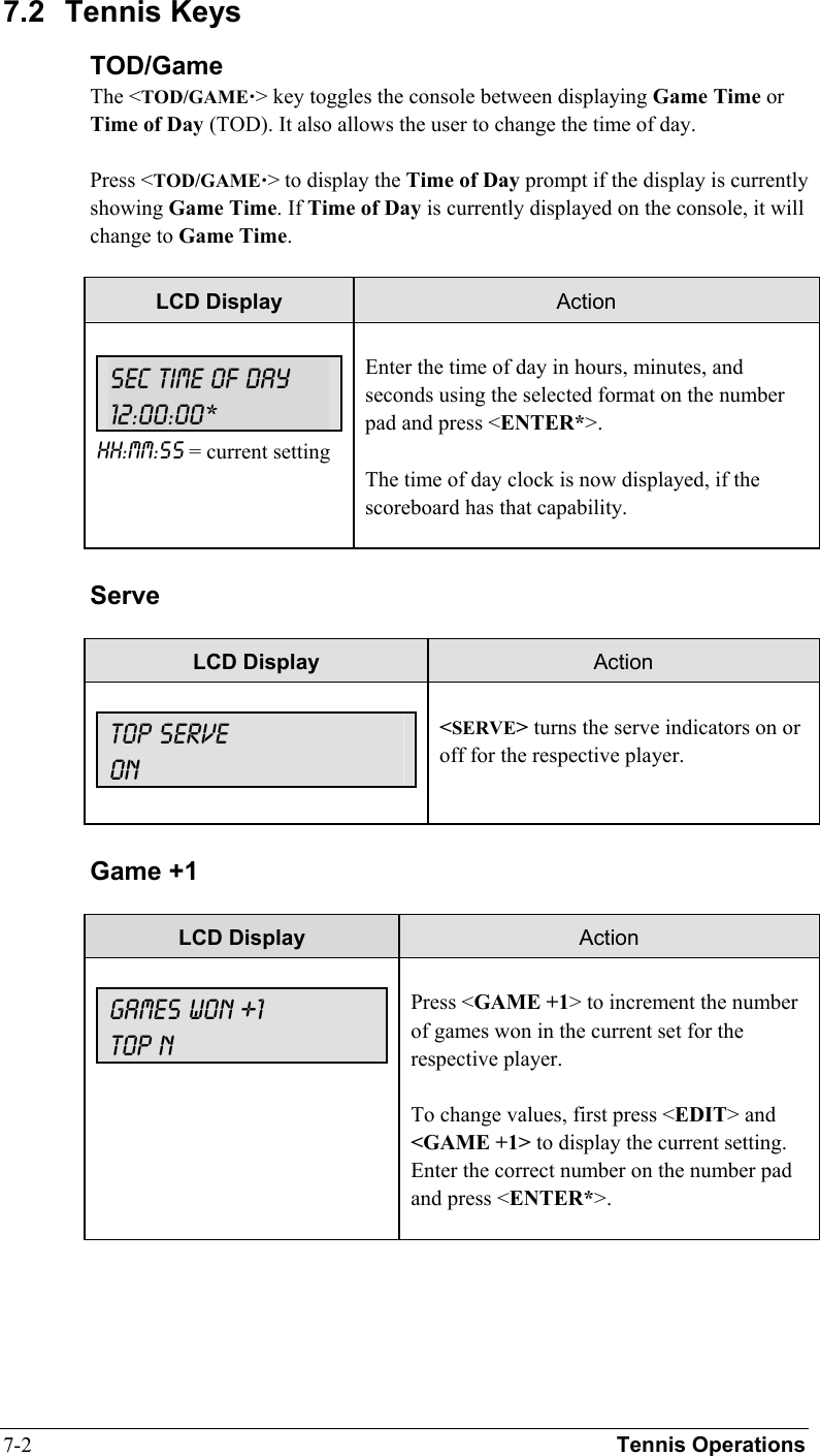 7-2 Tennis Operations 7.2 Tennis Keys TOD/Game The &lt;TOD/GAME&gt; key toggles the console between displaying Game Time or Time of Day (TOD). It also allows the user to change the time of day.  Press &lt;TOD/GAME&gt; to display the Time of Day prompt if the display is currently showing Game Time. If Time of Day is currently displayed on the console, it will change to Game Time.  LCD Display  Action  hh:mm:ss = current setting  SEC time of day 12:00:00*  Enter the time of day in hours, minutes, and seconds using the selected format on the number pad and press &lt;ENTER*&gt;.  The time of day clock is now displayed, if the scoreboard has that capability.   Serve  LCD Display  Action  TOP SERVE ON     &lt;SERVE&gt; turns the serve indicators on or off for the respective player.     Game +1  LCD Display  Action  GAMES WON +1 TOP N   Press &lt;GAME +1&gt; to increment the number of games won in the current set for the respective player.  To change values, first press &lt;EDIT&gt; and &lt;GAME +1&gt; to display the current setting. Enter the correct number on the number pad and press &lt;ENTER*&gt;.   