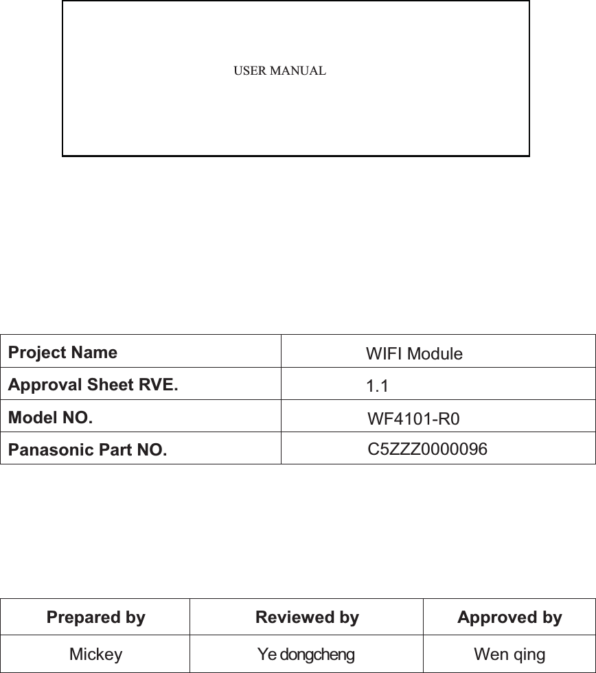 Project Name        WIFI ModuleApproval Sheet RVE.     1.1Model NO. WF4101-R0Panasonic Part NO. C5ZZZ0000096Prepared by Reviewed by Approved byMickey Ye dongcheng Wen qing Approval SheetUSER MANUAL