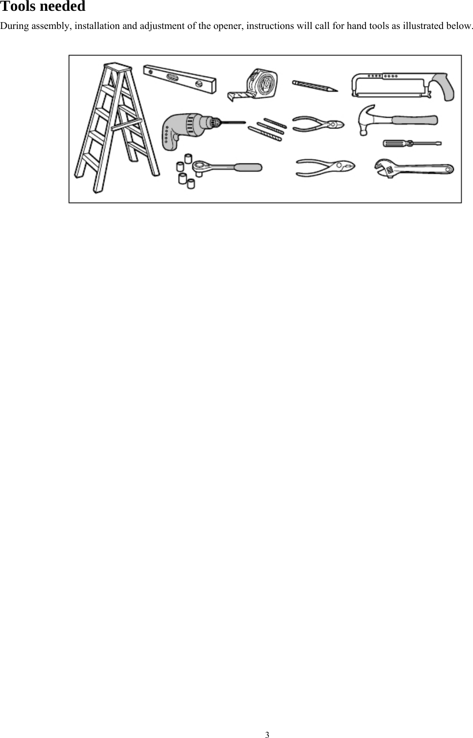 3   Tools needed During assembly, installation and adjustment of the opener, instructions will call for hand tools as illustrated below.                                                   