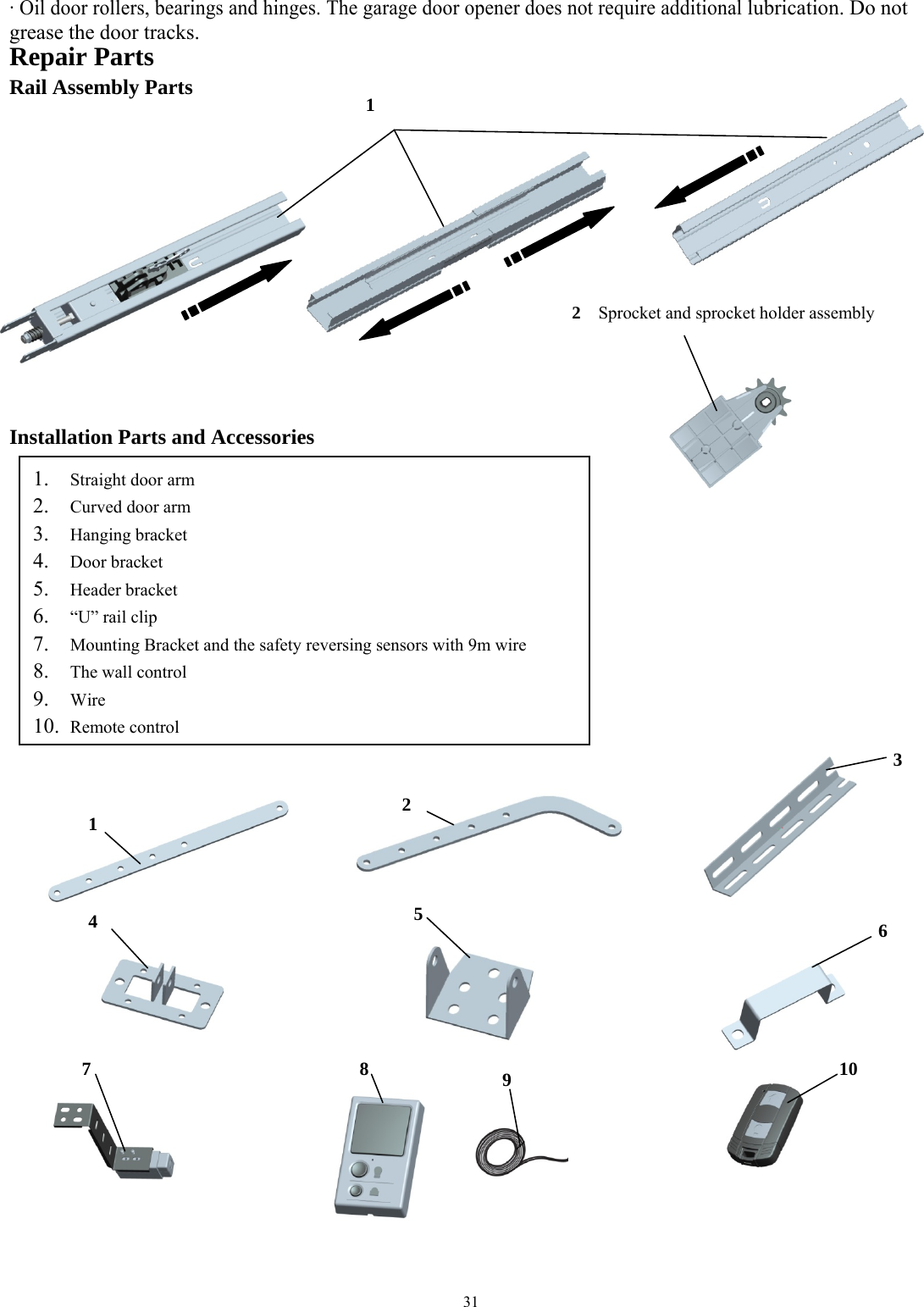 31  &middot; Oil door rollers, bearings and hinges. The garage door opener does not require additional lubrication. Do not grease the door tracks. Repair Parts Rail Assembly Parts                    Installation Parts and Accessories                                                   1  2  Sprocket and sprocket holder assembly1. Straight door arm 2. Curved door arm 3. Hanging bracket 4. Door bracket 5. Header bracket 6. &ldquo;U&rdquo; rail clip 7. Mounting Bracket and the safety reversing sensors with 9m wire 8. The wall control 9. Wire 10. Remote control 1  234  567 8 910 