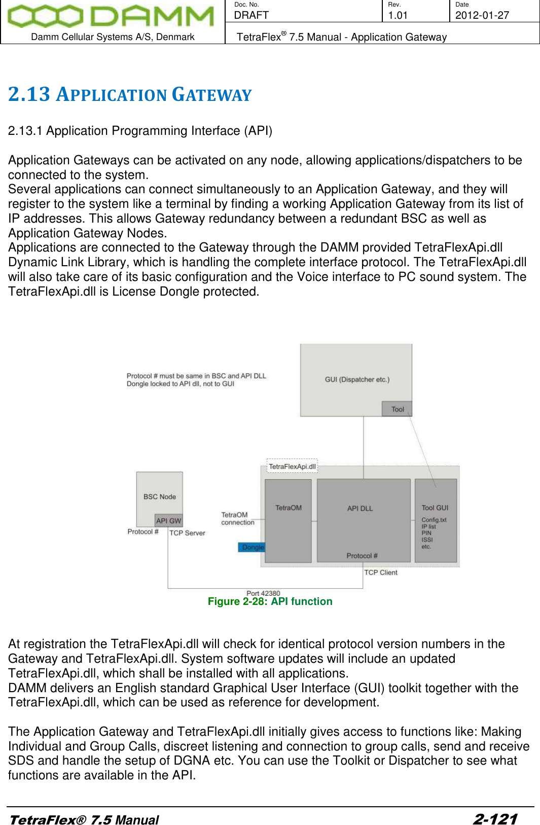        Doc. No. Rev. Date    DRAFT  1.01 2012-01-27  Damm Cellular Systems A/S, Denmark   TetraFlex® 7.5 Manual - Application Gateway  TetraFlex® 7.5 Manual 2-121  2.13 APPLICATION GATEWAY  2.13.1 Application Programming Interface (API)  Application Gateways can be activated on any node, allowing applications/dispatchers to be connected to the system.  Several applications can connect simultaneously to an Application Gateway, and they will register to the system like a terminal by finding a working Application Gateway from its list of IP addresses. This allows Gateway redundancy between a redundant BSC as well as Application Gateway Nodes.  Applications are connected to the Gateway through the DAMM provided TetraFlexApi.dll Dynamic Link Library, which is handling the complete interface protocol. The TetraFlexApi.dll will also take care of its basic configuration and the Voice interface to PC sound system. The TetraFlexApi.dll is License Dongle protected.    Figure 2-28: API function   At registration the TetraFlexApi.dll will check for identical protocol version numbers in the Gateway and TetraFlexApi.dll. System software updates will include an updated TetraFlexApi.dll, which shall be installed with all applications. DAMM delivers an English standard Graphical User Interface (GUI) toolkit together with the TetraFlexApi.dll, which can be used as reference for development.  The Application Gateway and TetraFlexApi.dll initially gives access to functions like: Making Individual and Group Calls, discreet listening and connection to group calls, send and receive SDS and handle the setup of DGNA etc. You can use the Toolkit or Dispatcher to see what functions are available in the API.  