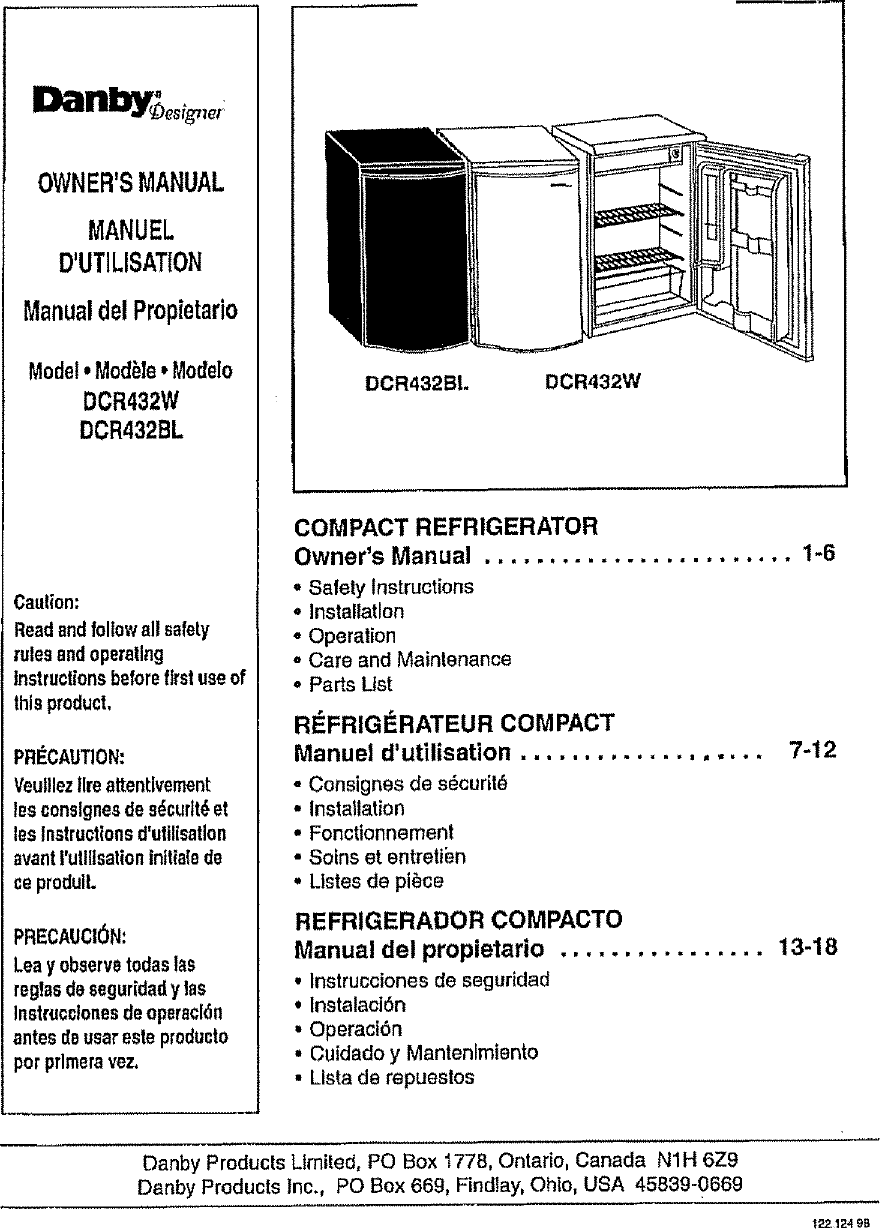 Danby DCR432BL User Manual REFRIGERATOR Manuals And Guides L0712263