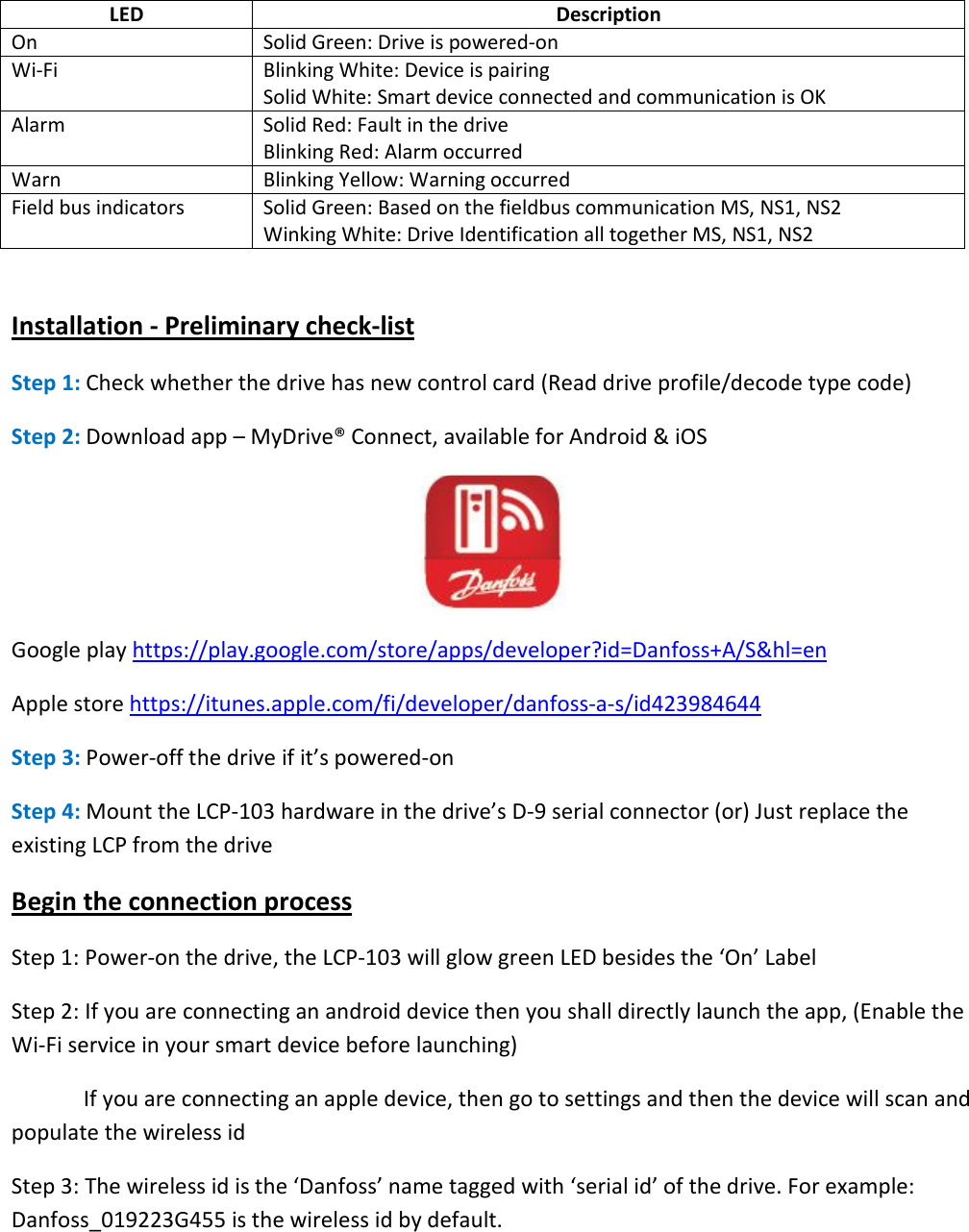LED Description On Solid Green: Drive is powered-on Wi-Fi Blinking White: Device is pairing Solid White: Smart device connected and communication is OK Alarm Solid Red: Fault in the drive Blinking Red: Alarm occurred Warn Blinking Yellow: Warning occurred Field bus indicators Solid Green: Based on the fieldbus communication MS, NS1, NS2 Winking White: Drive Identification all together MS, NS1, NS2  Installation - Preliminary check-list Step 1: Check whether the drive has new control card (Read drive profile/decode type code)  Step 2: Download app – MyDrive® Connect, available for Android &amp; iOS  Google play https://play.google.com/store/apps/developer?id=Danfoss+A/S&amp;hl=en Apple store https://itunes.apple.com/fi/developer/danfoss-a-s/id423984644 Step 3: Power-off the drive if it’s powered-on Step 4: Mount the LCP-103 hardware in the drive’s D-9 serial connector (or) Just replace the existing LCP from the drive Begin the connection process Step 1: Power-on the drive, the LCP-103 will glow green LED besides the ‘On’ Label Step 2: If you are connecting an android device then you shall directly launch the app, (Enable the Wi-Fi service in your smart device before launching)   If you are connecting an apple device, then go to settings and then the device will scan and populate the wireless id Step 3: The wireless id is the ‘Danfoss’ name tagged with ‘serial id’ of the drive. For example: Danfoss_019223G455 is the wireless id by default.  