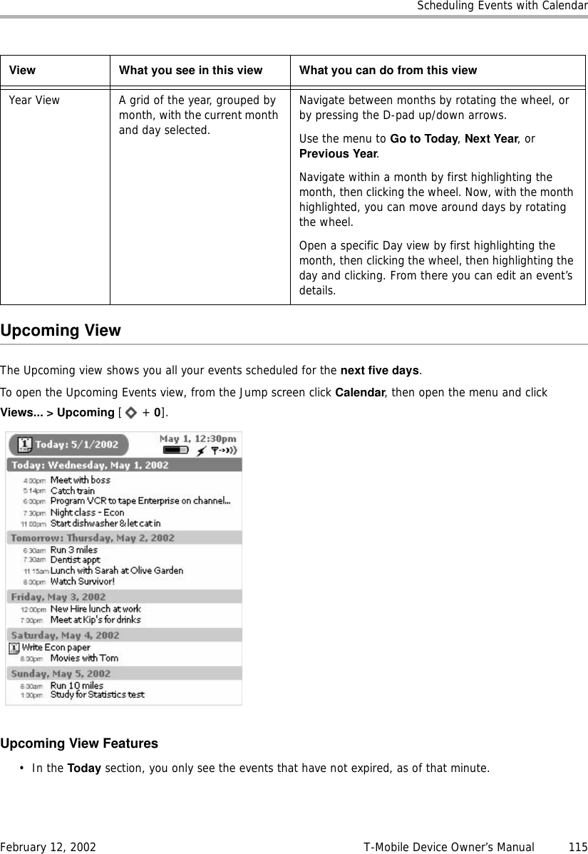 Scheduling Events with CalendarFebruary 12, 2002 T-Mobile Device Owner’s Manual  115Upcoming ViewThe Upcoming view shows you all your events scheduled for the next five days. To open the Upcoming Events view, from the Jump screen click Calendar, then open the menu and click Views... &gt; Upcoming [ + 0].Upcoming View Features•In the Today section, you only see the events that have not expired, as of that minute.Year View A grid of the year, grouped by month, with the current month and day selected.Navigate between months by rotating the wheel, or by pressing the D-pad up/down arrows.Use the menu to Go to Today, Next Year, or Previous Year.Navigate within a month by first highlighting the month, then clicking the wheel. Now, with the month highlighted, you can move around days by rotating the wheel.Open a specific Day view by first highlighting the month, then clicking the wheel, then highlighting the day and clicking. From there you can edit an event’s details.View What you see in this view What you can do from this view