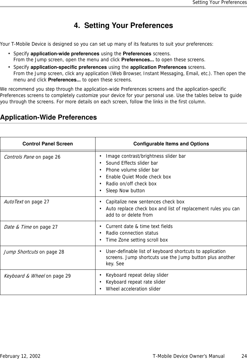 Setting Your PreferencesFebruary 12, 2002 T-Mobile Device Owner’s Manual  244. Setting Your PreferencesYour T-Mobile Device is designed so you can set up many of its features to suit your preferences:•Specify application-wide preferences using the Preferences screens.From the Jump screen, open the menu and click Preferences... to open these screens.•Specify application-specific preferences using the application Preferences screens. From the Jump screen, click any application (Web Browser, Instant Messaging, Email, etc.). Then open the menu and click Preferences... to open these screens.We recommend you step through the application-wide Preferences screens and the application-specific Preferences screens to completely customize your device for your personal use. Use the tables below to guide you through the screens. For more details on each screen, follow the links in the first column.Application-Wide PreferencesControl Panel Screen Configurable Items and OptionsControls Pane on page 26 • Image contrast/brightness slider bar• Sound Effects slider bar• Phone volume slider bar• Enable Quiet Mode check box•Radio on/off check box• Sleep Now buttonAutoText on page 27 • Capitalize new sentences check box• Auto replace check box and list of replacement rules you can add to or delete fromDate &amp; Time on page 27 • Current date &amp; time text fields• Radio connection status• Time Zone setting scroll boxJump Shortcuts on page 28 • User-definable list of keyboard shortcuts to application screens. Jump shortcuts use the Jump button plus another key. See Keyboard &amp; Wheel on page 29 • Keyboard repeat delay slider• Keyboard repeat rate slider• Wheel acceleration slider