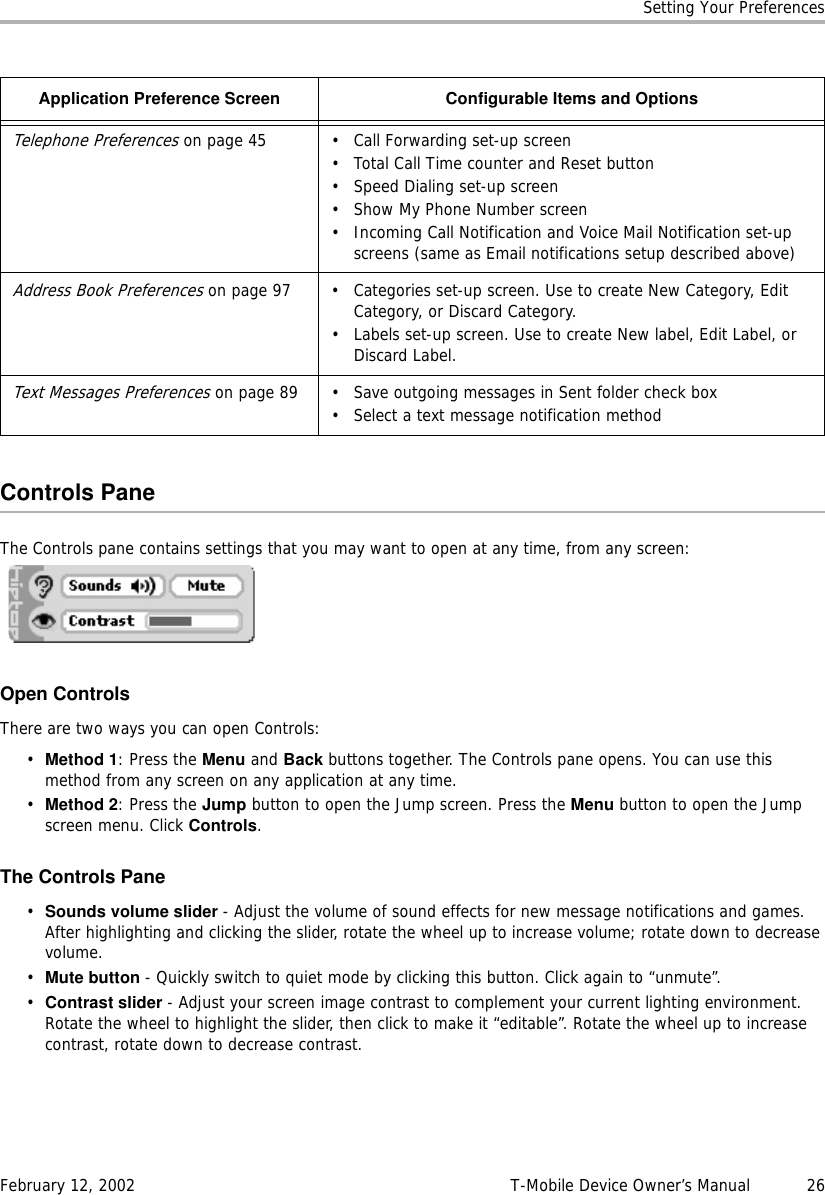 Setting Your PreferencesFebruary 12, 2002 T-Mobile Device Owner’s Manual  26Controls PaneThe Controls pane contains settings that you may want to open at any time, from any screen:Open ControlsThere are two ways you can open Controls:•Method 1: Press the Menu and Back buttons together. The Controls pane opens. You can use this method from any screen on any application at any time.•Method 2: Press the Jump button to open the Jump screen. Press the Menu button to open the Jump screen menu. Click Controls.The Controls Pane•Sounds volume slider - Adjust the volume of sound effects for new message notifications and games. After highlighting and clicking the slider, rotate the wheel up to increase volume; rotate down to decrease volume.•Mute button - Quickly switch to quiet mode by clicking this button. Click again to “unmute”.•Contrast slider - Adjust your screen image contrast to complement your current lighting environment. Rotate the wheel to highlight the slider, then click to make it “editable”. Rotate the wheel up to increase contrast, rotate down to decrease contrast.Telephone Preferences on page 45 • Call Forwarding set-up screen• Total Call Time counter and Reset button• Speed Dialing set-up screen• Show My Phone Number screen• Incoming Call Notification and Voice Mail Notification set-up screens (same as Email notifications setup described above)Address Book Preferences on page 97 • Categories set-up screen. Use to create New Category, Edit Category, or Discard Category.• Labels set-up screen. Use to create New label, Edit Label, or Discard Label.Text Messages Preferences on page 89 • Save outgoing messages in Sent folder check box• Select a text message notification methodApplication Preference Screen Configurable Items and Options