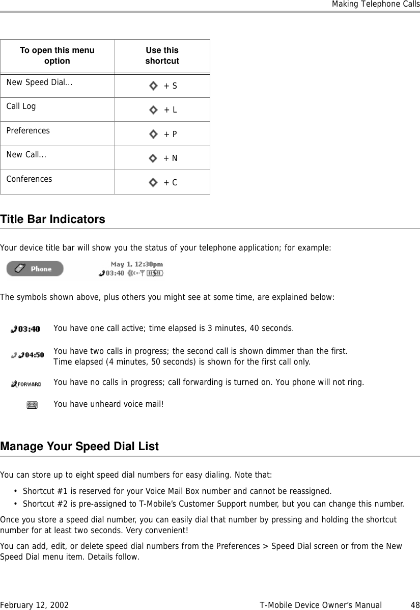 Making Telephone CallsFebruary 12, 2002 T-Mobile Device Owner’s Manual  48Title Bar IndicatorsYour device title bar will show you the status of your telephone application; for example:The symbols shown above, plus others you might see at some time, are explained below:Manage Your Speed Dial ListYou can store up to eight speed dial numbers for easy dialing. Note that:• Shortcut #1 is reserved for your Voice Mail Box number and cannot be reassigned. • Shortcut #2 is pre-assigned to T-Mobile’s Customer Support number, but you can change this number.Once you store a speed dial number, you can easily dial that number by pressing and holding the shortcut number for at least two seconds. Very convenient!You can add, edit, or delete speed dial numbers from the Preferences &gt; Speed Dial screen or from the New Speed Dial menu item. Details follow.New Speed Dial...  + SCall Log  + LPreferences  + PNew Call...  + NConferences  + CYou have one call active; time elapsed is 3 minutes, 40 seconds.You have two calls in progress; the second call is shown dimmer than the first. Time elapsed (4 minutes, 50 seconds) is shown for the first call only.You have no calls in progress; call forwarding is turned on. You phone will not ring.You have unheard voice mail!To open this menuoption Use thisshortcut