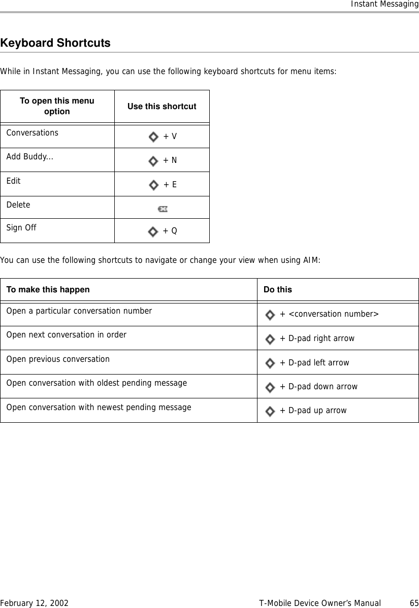 Instant MessagingFebruary 12, 2002 T-Mobile Device Owner’s Manual  65Keyboard ShortcutsWhile in Instant Messaging, you can use the following keyboard shortcuts for menu items:You can use the following shortcuts to navigate or change your view when using AIM:To open this menuoption Use this shortcutConversations  + VAdd Buddy...  + NEdit  + EDeleteSign Off  + QTo make this happen Do thisOpen a particular conversation number  + &lt;conversation number&gt;Open next conversation in order  + D-pad right arrowOpen previous conversation  + D-pad left arrowOpen conversation with oldest pending message  + D-pad down arrowOpen conversation with newest pending message  + D-pad up arrow