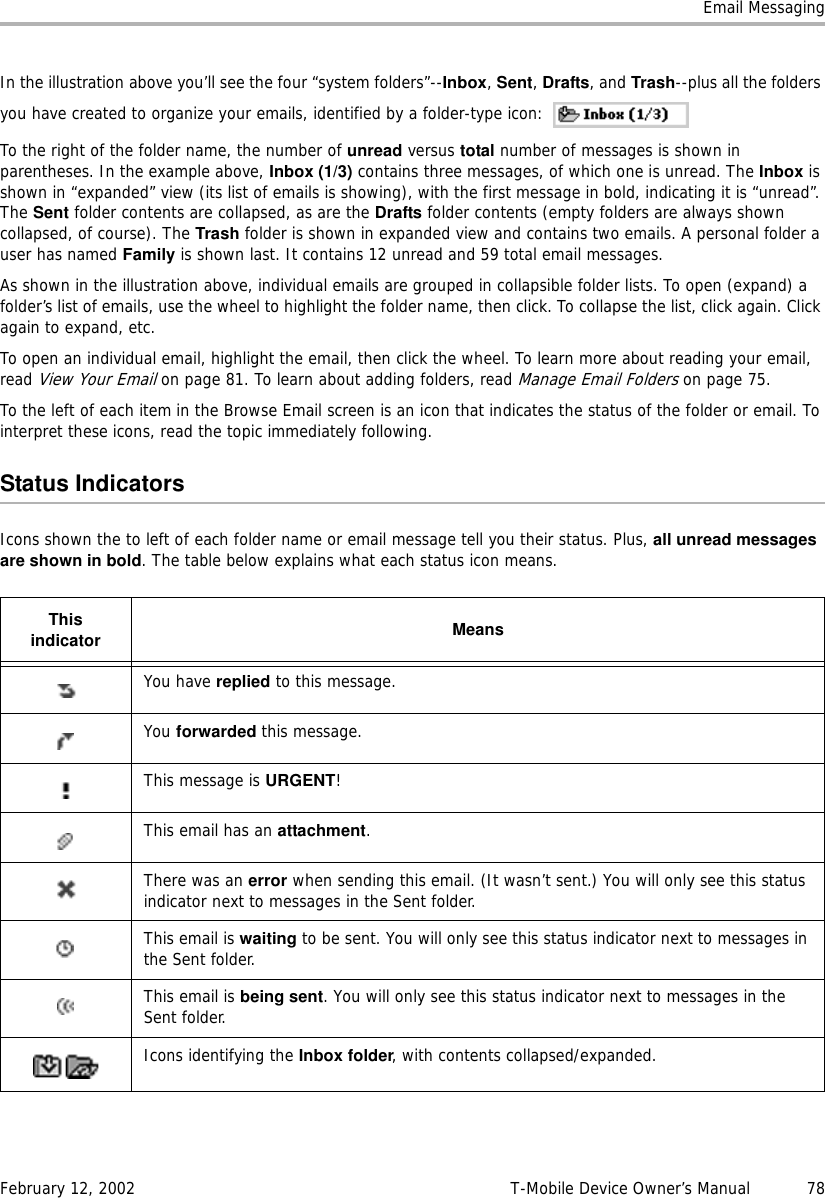 Email MessagingFebruary 12, 2002 T-Mobile Device Owner’s Manual  78In the illustration above you’ll see the four “system folders”--Inbox, Sent, Drafts, and Trash--plus all the folders you have created to organize your emails, identified by a folder-type icon: To the right of the folder name, the number of unread versus total number of messages is shown in parentheses. In the example above, Inbox (1/3) contains three messages, of which one is unread. The Inbox is shown in “expanded” view (its list of emails is showing), with the first message in bold, indicating it is “unread”. The Sent folder contents are collapsed, as are the Drafts folder contents (empty folders are always shown collapsed, of course). The Trash folder is shown in expanded view and contains two emails. A personal folder a user has named Family is shown last. It contains 12 unread and 59 total email messages.As shown in the illustration above, individual emails are grouped in collapsible folder lists. To open (expand) a folder’s list of emails, use the wheel to highlight the folder name, then click. To collapse the list, click again. Click again to expand, etc.To open an individual email, highlight the email, then click the wheel. To learn more about reading your email, read View Your Email on page 81. To learn about adding folders, read Manage Email Folders on page 75.To the left of each item in the Browse Email screen is an icon that indicates the status of the folder or email. To interpret these icons, read the topic immediately following.Status IndicatorsIcons shown the to left of each folder name or email message tell you their status. Plus, all unread messagesare shown in bold. The table below explains what each status icon means.Thisindicator MeansYou have replied to this message.You forwarded this message.This message is URGENT!This email has an attachment.There was an error when sending this email. (It wasn’t sent.) You will only see this status indicator next to messages in the Sent folder. This email is waiting to be sent. You will only see this status indicator next to messages in the Sent folder. This email is being sent. You will only see this status indicator next to messages in the Sent folder. Icons identifying the Inbox folder, with contents collapsed/expanded.