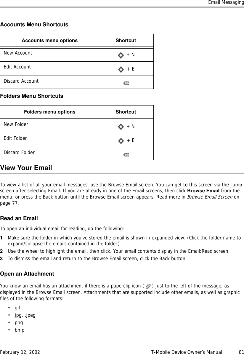 Email MessagingFebruary 12, 2002 T-Mobile Device Owner’s Manual  81Accounts Menu ShortcutsFolders Menu ShortcutsView Your EmailTo view a list of all your email messages, use the Browse Email screen. You can get to this screen via the Jump screen after selecting Email. If you are already in one of the Email screens, then click Browse Email from the menu, or press the Back button until the Browse Email screen appears. Read more in Browse Email Screen on page 77.Read an EmailTo open an individual email for reading, do the following:1Make sure the folder in which you’ve stored the email is shown in expanded view. (Click the folder name to expand/collapse the emails contained in the folder.) 2Use the wheel to highlight the email, then click. Your email contents display in the Email:Read screen.3To dismiss the email and return to the Browse Email screen, click the Back button.Open an AttachmentYou know an email has an attachment if there is a paperclip icon ( ) just to the left of the message, as displayed in the Browse Email screen. Attachments that are supported include other emails, as well as graphic files of the following formats:•.gif • .jpg, .jpeg •.png•.bmpAccounts menu options ShortcutNew Account  + NEdit Account  + EDiscard AccountFolders menu options ShortcutNew Folder  + NEdit Folder  + EDiscard Folder