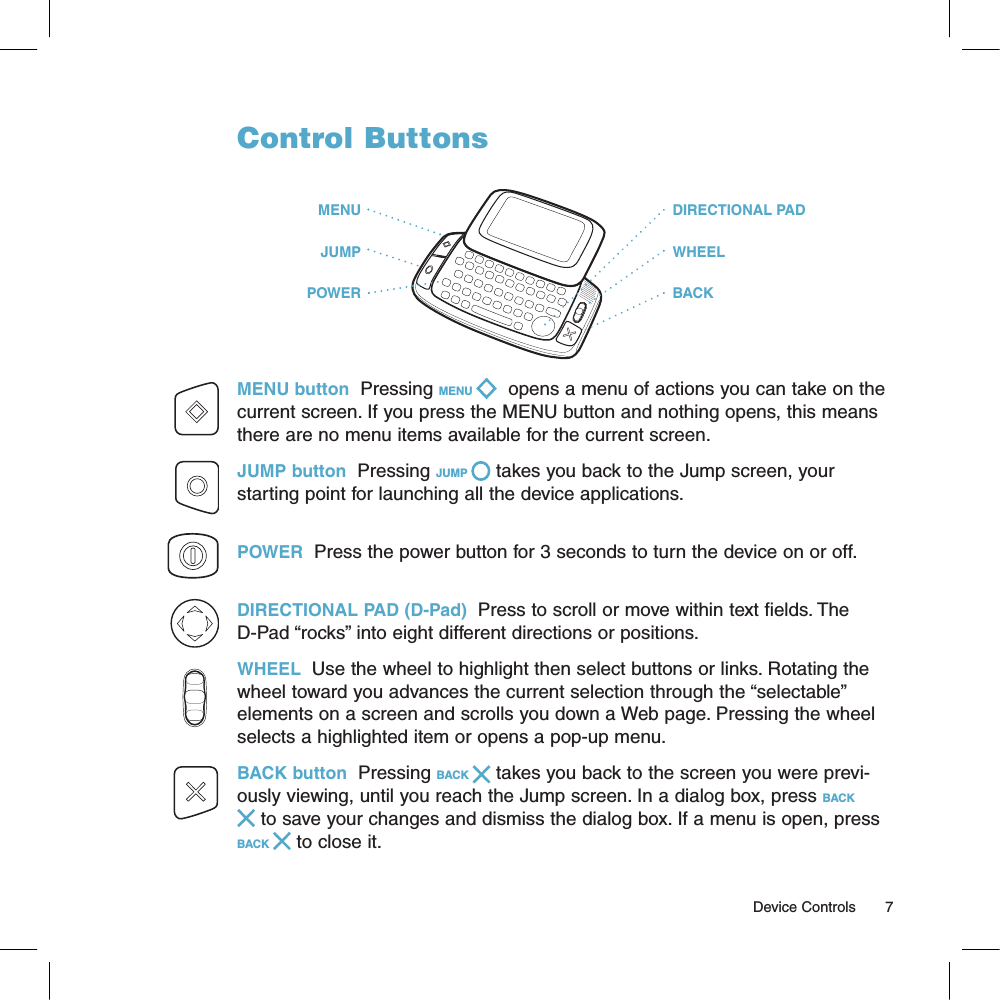 Control ButtonsMENUJUMPPOWERDIRECTIONAL PADWHEELBACKMENU button  Pressing MENU    opens a menu of actions you can take on the current screen. If you press the MENU button and nothing opens, this means there are no menu items available for the current screen.JUMP button  Pressing JUMP   takes you back to the Jump screen, your starting point for launching all the device applications.POWER  Press the power button for 3 seconds to turn the device on or off. DIRECTIONAL PAD (D-Pad)  Press to scroll or move within text fields. The D-Pad “rocks” into eight different directions or positions.WHEEL  Use the wheel to highlight then select buttons or links. Rotating the wheel toward you advances the current selection through the “selectable” elements on a screen and scrolls you down a Web page. Pressing the wheel selects a highlighted item or opens a pop-up menu.BACK button  Pressing BACK   takes you back to the screen you were previ-ously viewing, until you reach the Jump screen. In a dialog box, press BACK  to save your changes and dismiss the dialog box. If a menu is open, press BACK   to close it.                                                                                                                                   Device Controls        7