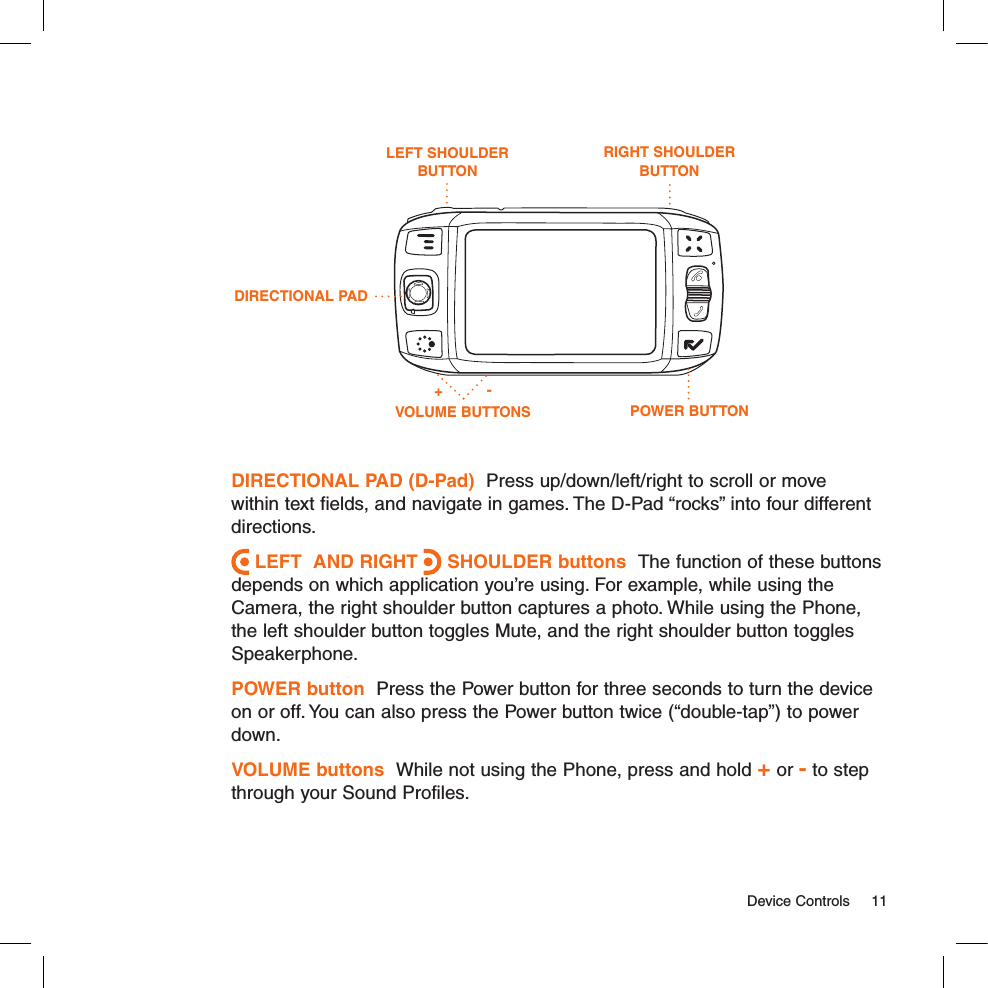 DIRECTIONAL PAD (D-Pad)  Press up/down/left/right to scroll or move within text fields, and navigate in games. The D-Pad “rocks” into four different directions. LEFT  AND RIGHT   SHOULDER buttons  The function of these buttons depends on which application you’re using. For example, while using the Camera, the right shoulder button captures a photo. While using the Phone, the left shoulder button toggles Mute, and the right shoulder button toggles Speakerphone.POWER button  Press the Power button for three seconds to turn the device on or off. You can also press the Power button twice (“double-tap”) to power down.VOLUME buttons  While not using the Phone, press and hold + or - to step through your Sound Profiles.  Device Controls  11RIGHT SHOULDER BUTTONLEFT SHOULDER BUTTONPOWER BUTTONVOLUME BUTTONSDIRECTIONAL PAD+-