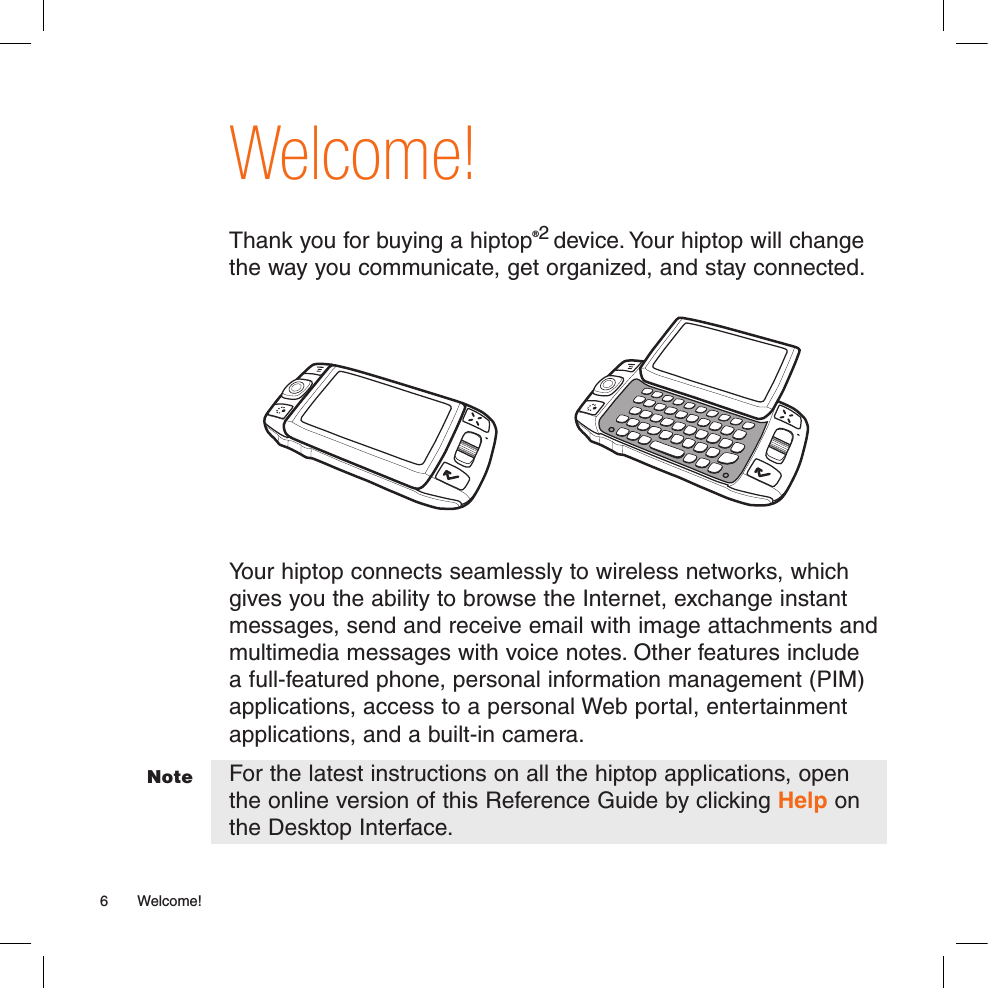 Welcome!Thank you for buying a hiptop®2 device. Your hiptop will change the way you communicate, get organized, and stay connected.  Your hiptop connects seamlessly to wireless networks, which gives you the ability to browse the Internet, exchange instant messages, send and receive email with image attachments and multimedia messages with voice notes. Other features include a full-featured phone, personal information management (PIM) applications, access to a personal Web portal, entertainment applications, and a built-in camera. For the latest instructions on all the hiptop applications, open the online version of this Reference Guide by clicking Help on the Desktop Interface.6  Welcome!