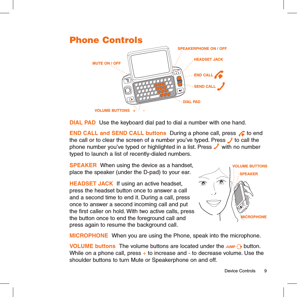 Phone Controls      VOLUME BUTTONS   +       -    DIAL PADSEND CALL   END CALL   SPEAKERPHONE ON / OFFMUTE ON / OFFHEADSET JACK DIAL PAD  Use the keyboard dial pad to dial a number with one hand.END CALL and SEND CALL buttons  During a phone call, press   to end the call or to clear the screen of a number you’ve typed. Press   to call the phone number you’ve typed or highlighted in a list. Press   with no number typed to launch a list of recently-dialed numbers.SPEAKER  When using the device as a handset,  place the speaker (under the D-pad) to your ear. HEADSET JACK  If using an active headset, press the headset button once to answer a call and a second time to end it. During a call, press  once to answer a second incoming call and put     the first caller on hold. With two active calls, press   the button once to end the foreground call and   press again to resume the background call.MICROPHONE  When you are using the Phone, speak into the microphone.VOLUME buttons  The volume buttons are located under the JUMP   button. While on a phone call, press + to increase and - to decrease volume. Use the shoulder buttons to turn Mute or Speakerphone on and off.  Device Controls  9MICROPHONESPEAKERVOLUME BUTTONS