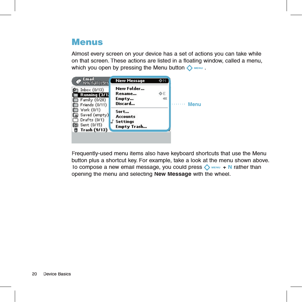 MenusAlmost every screen on your device has a set of actions you can take while on that screen. These actions are listed in a floating window, called a menu, which you open by pressing the Menu button .Menu              Frequently-used menu items also have keyboard shortcuts that use the Menu button plus a shortcut key. For example, take a look at the menu shown above. To compose a new email message, you could press + N rather than opening the menu and selecting New Message with the wheel.20     Device Basics