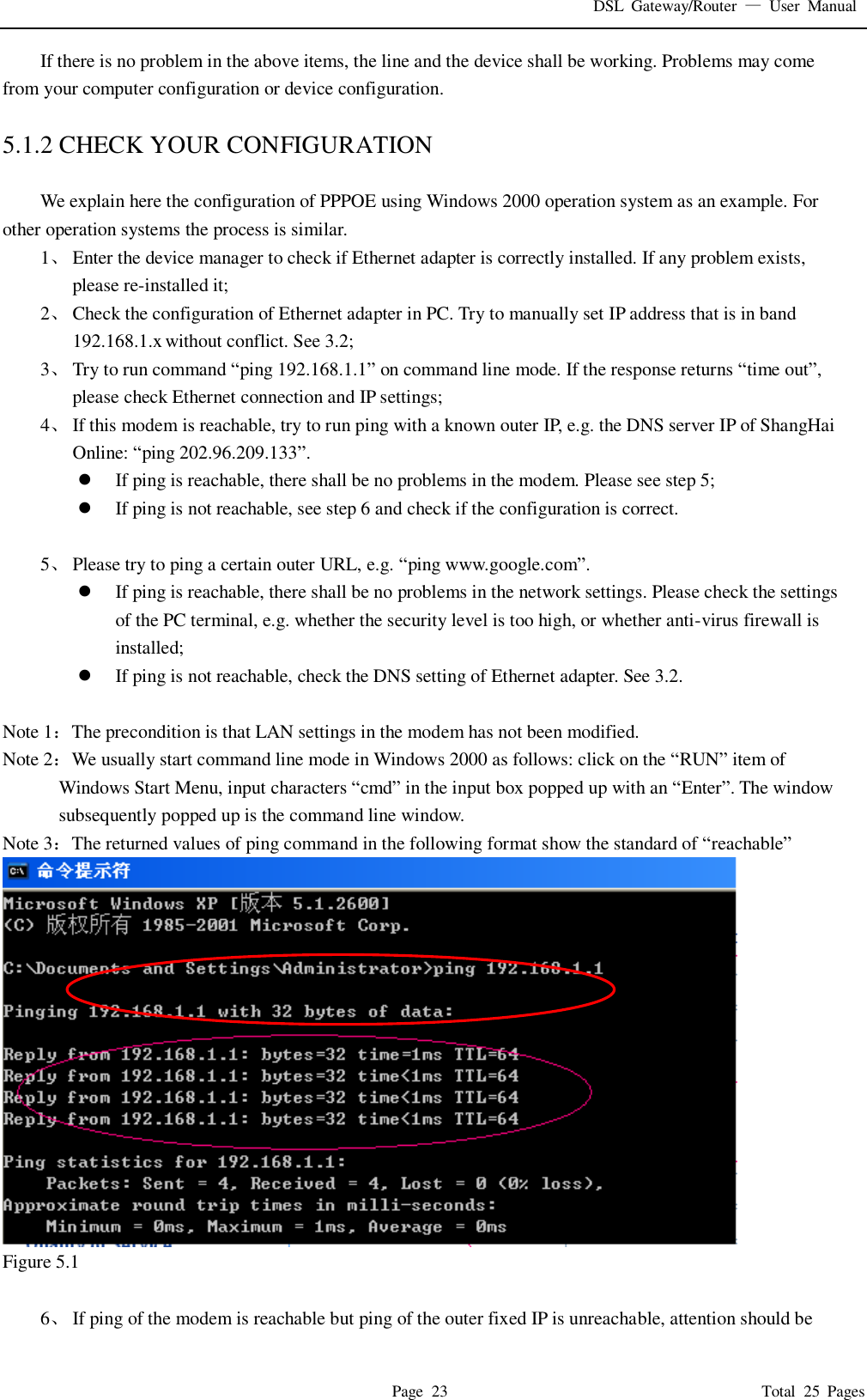 DSL  Gateway/Router  &mdash;  User  Manual   Page  23                                                                              Total  25  Pages If there is no problem in the above items, the line and the device shall be working. Problems may come from your computer configuration or device configuration.  5.1.2 CHECK YOUR CONFIGURATION  We explain here the configuration of PPPOE using Windows 2000 operation system as an example. For other operation systems the process is similar. 1、 Enter the device manager to check if Ethernet adapter is correctly installed. If any problem exists, please re-installed it; 2、 Check the configuration of Ethernet adapter in PC. Try to manually set IP address that is in band 192.168.1.x without conflict. See 3.2; 3、 Try to run command &ldquo;ping 192.168.1.1&rdquo; on command line mode. If the response returns &ldquo;time out&rdquo;, please check Ethernet connection and IP settings; 4、 If this modem is reachable, try to run ping with a known outer IP, e.g. the DNS server IP of ShangHai Online: &ldquo;ping 202.96.209.133&rdquo;.  If ping is reachable, there shall be no problems in the modem. Please see step 5;  If ping is not reachable, see step 6 and check if the configuration is correct.  5、 Please try to ping a certain outer URL, e.g. &ldquo;ping www.google.com&rdquo;.  If ping is reachable, there shall be no problems in the network settings. Please check the settings of the PC terminal, e.g. whether the security level is too high, or whether anti-virus firewall is installed;  If ping is not reachable, check the DNS setting of Ethernet adapter. See 3.2.  Note 1：The precondition is that LAN settings in the modem has not been modified. Note 2：We usually start command line mode in Windows 2000 as follows: click on the &ldquo;RUN&rdquo; item of Windows Start Menu, input characters &ldquo;cmd&rdquo; in the input box popped up with an &ldquo;Enter&rdquo;. The window subsequently popped up is the command line window. Note 3：The returned values of ping command in the following format show the standard of &ldquo;reachable&rdquo;  Figure 5.1  6、 If ping of the modem is reachable but ping of the outer fixed IP is unreachable, attention should be 