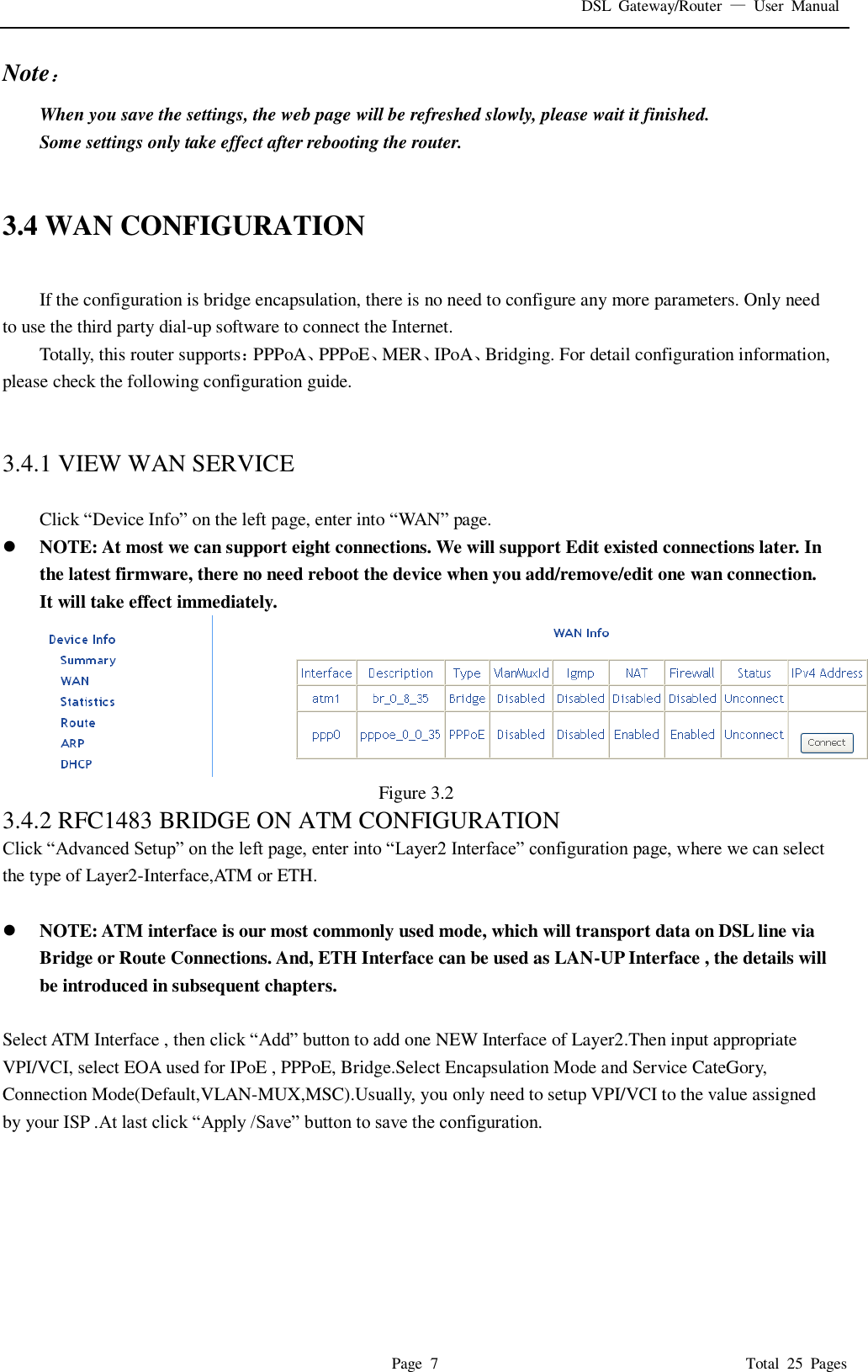 DSL  Gateway/Router  &mdash;  User  Manual   Page  7                                                                              Total  25  Pages Note： When you save the settings, the web page will be refreshed slowly, please wait it finished. Some settings only take effect after rebooting the router.   3.4 WAN CONFIGURATION  If the configuration is bridge encapsulation, there is no need to configure any more parameters. Only need to use the third party dial-up software to connect the Internet.   Totally, this router supports：PPPoA、PPPoE、MER、IPoA、Bridging. For detail configuration information, please check the following configuration guide.   3.4.1 VIEW WAN SERVICE    Click &ldquo;Device Info&rdquo; on the left page, enter into &ldquo;WAN&rdquo; page.  NOTE: At most we can support eight connections. We will support Edit existed connections later. In the latest firmware, there no need reboot the device when you add/remove/edit one wan connection. It will take effect immediately.  Figure 3.2 3.4.2 RFC1483 BRIDGE ON ATM CONFIGURATION   Click &ldquo;Advanced Setup&rdquo; on the left page, enter into &ldquo;Layer2 Interface&rdquo; configuration page, where we can select the type of Layer2-Interface,ATM or ETH.   NOTE: ATM interface is our most commonly used mode, which will transport data on DSL line via Bridge or Route Connections. And, ETH Interface can be used as LAN-UP Interface , the details will be introduced in subsequent chapters.  Select ATM Interface , then click &ldquo;Add&rdquo; button to add one NEW Interface of Layer2.Then input appropriate VPI/VCI, select EOA used for IPoE , PPPoE, Bridge.Select Encapsulation Mode and Service CateGory, Connection Mode(Default,VLAN-MUX,MSC).Usually, you only need to setup VPI/VCI to the value assigned by your ISP .At last click &ldquo;Apply /Save&rdquo; button to save the configuration. 