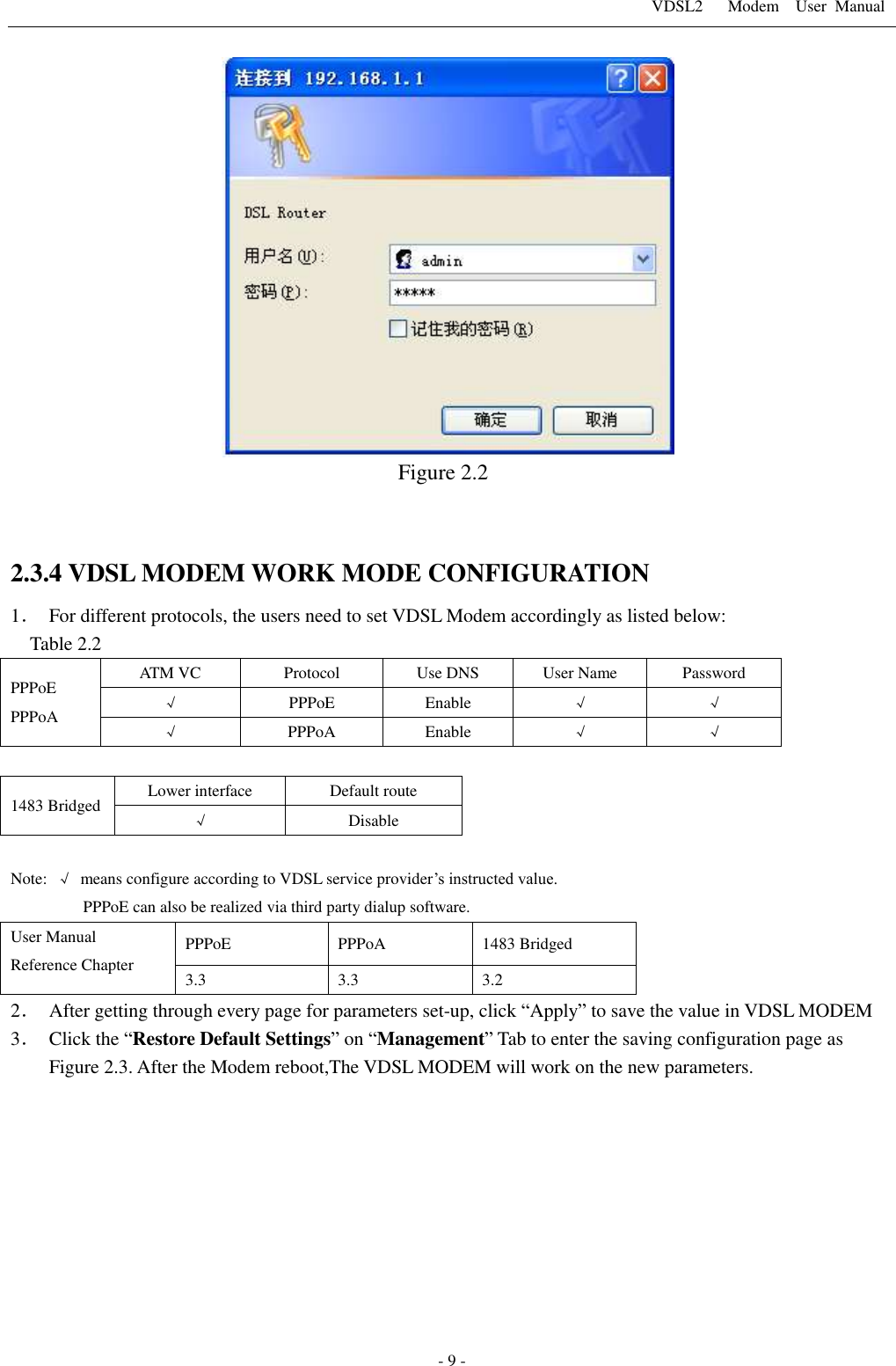 VDSL2      Modem    User  Manual   - 9 -    Figure 2.2   2.3.4 VDSL MODEM WORK MODE CONFIGURATION 1． For different protocols, the users need to set VDSL Modem accordingly as listed below: Table 2.2   PPPoE PPPoA ATM VC Protocol Use DNS User Name Password &radic; PPPoE Enable &radic; &radic; &radic; PPPoA Enable &radic; &radic;  1483 Bridged Lower interface Default route &radic; Disable  Note:  &radic;  means configure according to VDSL service provider&rsquo;s instructed value. PPPoE can also be realized via third party dialup software. User Manual Reference Chapter PPPoE PPPoA 1483 Bridged 3.3 3.3 3.2 2． After getting through every page for parameters set-up, click &ldquo;Apply&rdquo; to save the value in VDSL MODEM 3． Click the &ldquo;Restore Default Settings&rdquo; on &ldquo;Management&rdquo; Tab to enter the saving configuration page as Figure 2.3. After the Modem reboot,The VDSL MODEM will work on the new parameters.  
