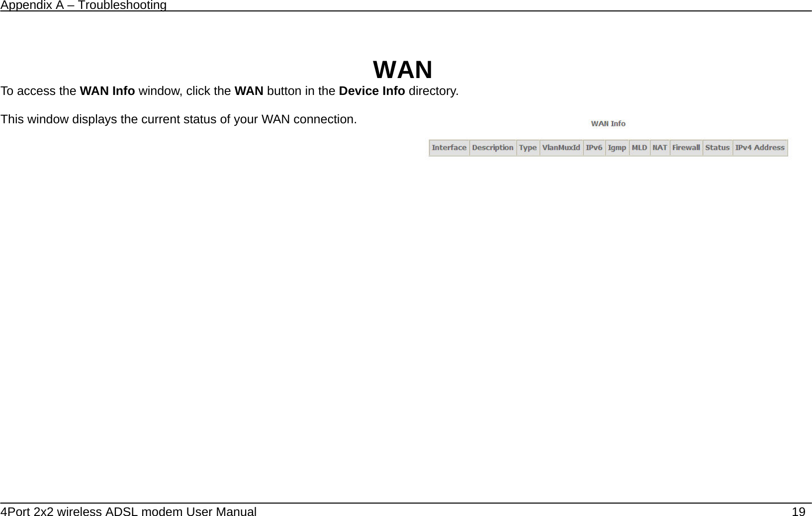Appendix A &ndash; Troubleshooting   4Port 2x2 wireless ADSL modem User Manual    19  WAN To access the WAN Info window, click the WAN button in the Device Info directory.  This window displays the current status of your WAN connection.  