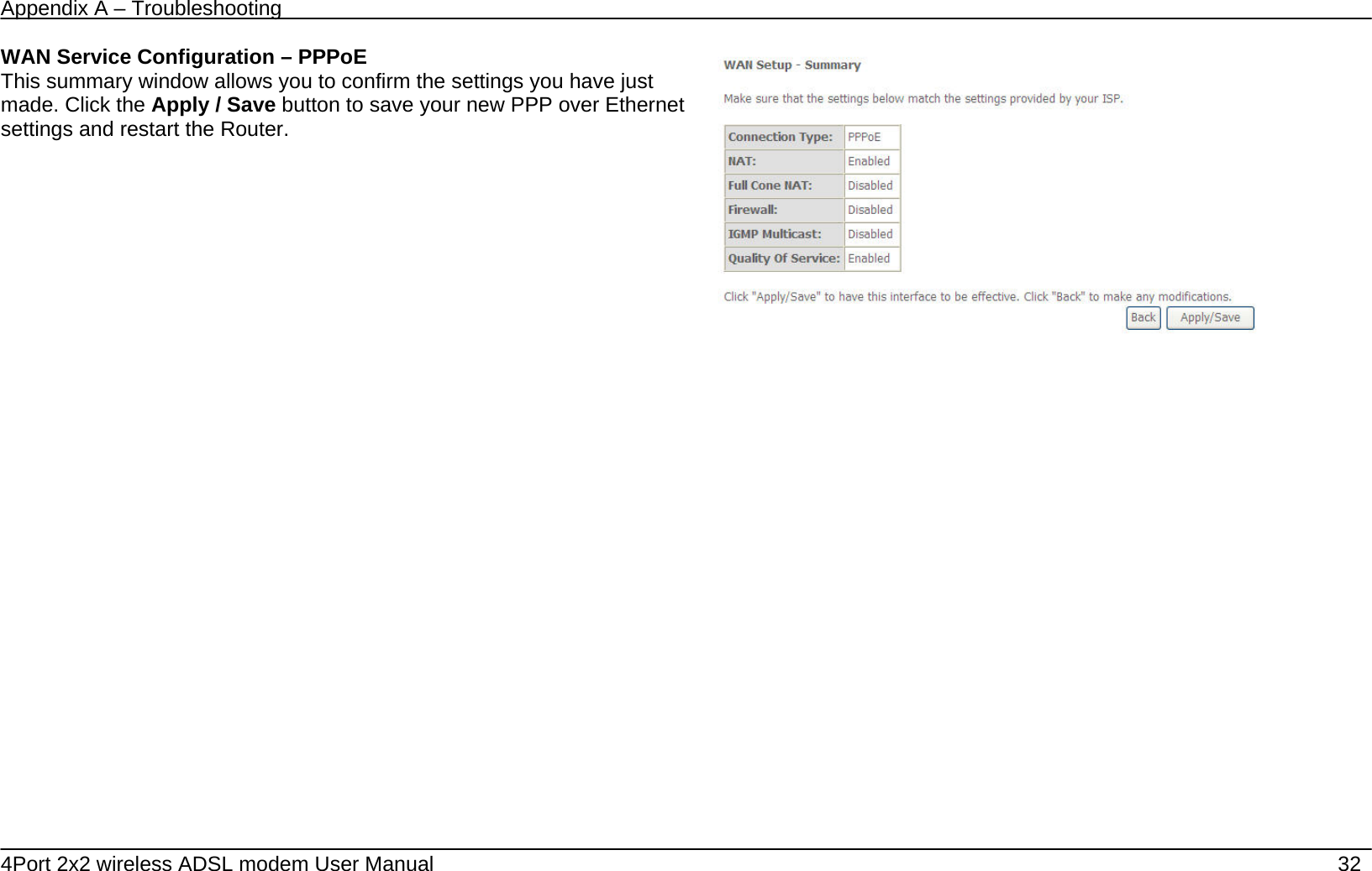 Appendix A &ndash; Troubleshooting   4Port 2x2 wireless ADSL modem User Manual    32 WAN Service Configuration &ndash; PPPoE This summary window allows you to confirm the settings you have just made. Click the Apply / Save button to save your new PPP over Ethernet settings and restart the Router.             
