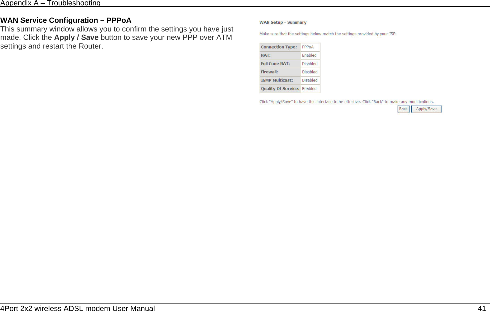 Appendix A &ndash; Troubleshooting   4Port 2x2 wireless ADSL modem User Manual    41 WAN Service Configuration &ndash; PPPoA This summary window allows you to confirm the settings you have just made. Click the Apply / Save button to save your new PPP over ATM settings and restart the Router.            