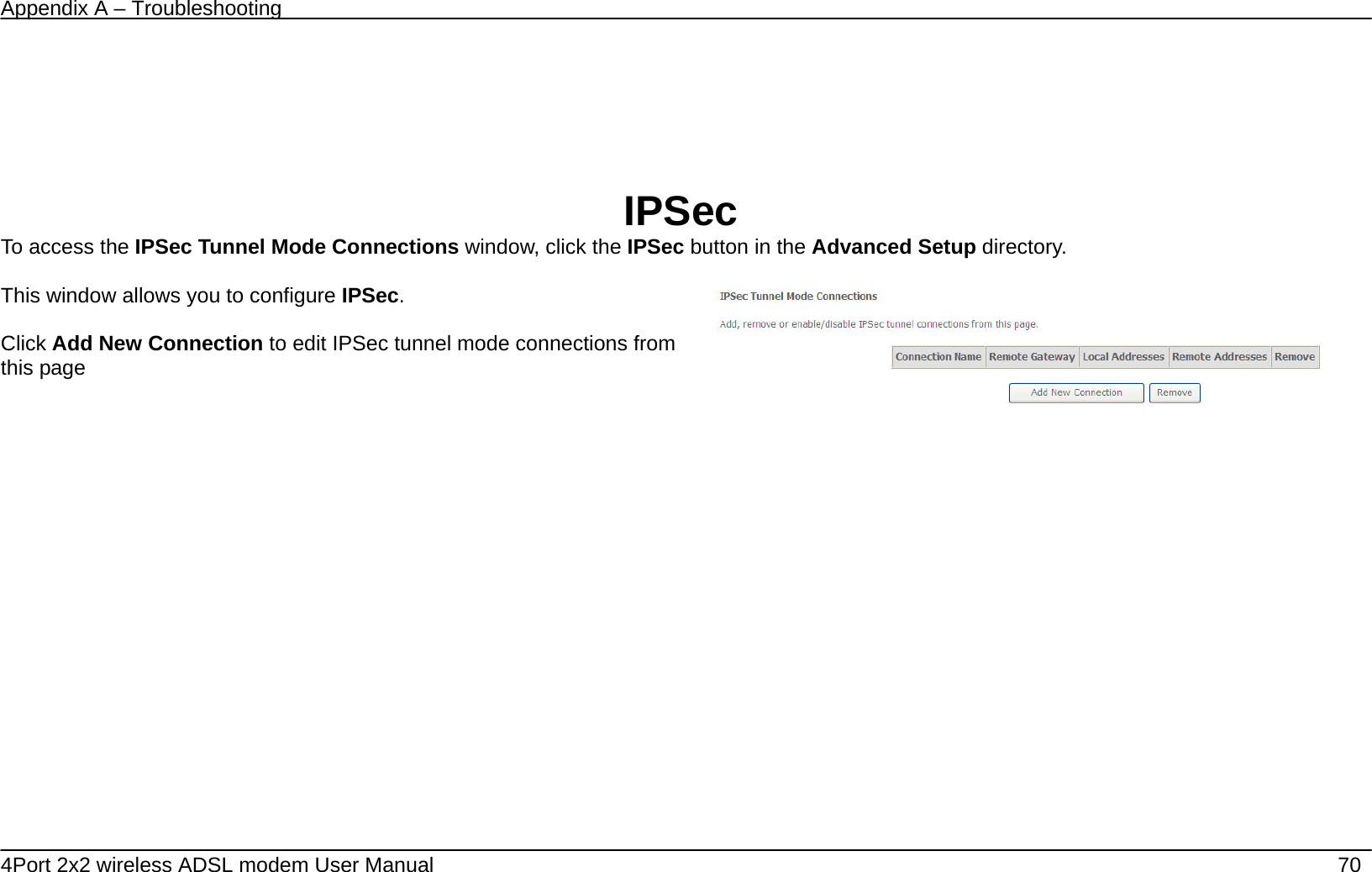 Appendix A &ndash; Troubleshooting   4Port 2x2 wireless ADSL modem User Manual    70      IPSec To access the IPSec Tunnel Mode Connections window, click the IPSec button in the Advanced Setup directory.  This window allows you to configure IPSec.  Click Add New Connection to edit IPSec tunnel mode connections from this page     