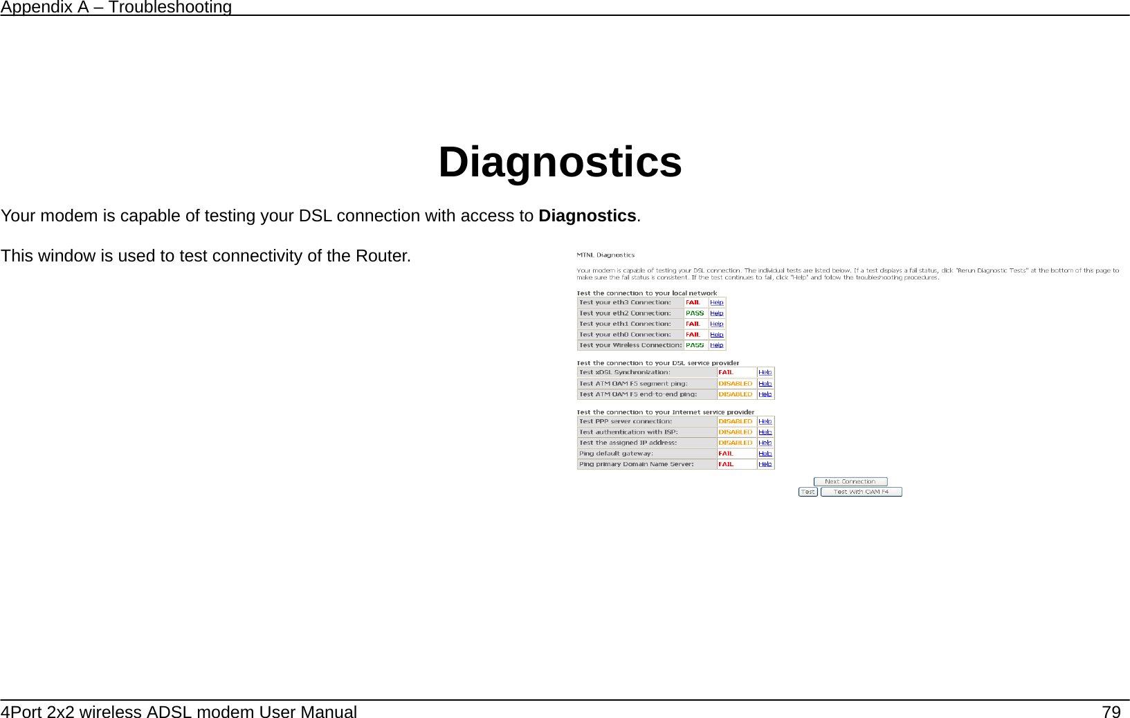 Appendix A &ndash; Troubleshooting   4Port 2x2 wireless ADSL modem User Manual    79      Diagnostics  Your modem is capable of testing your DSL connection with access to Diagnostics.  This window is used to test connectivity of the Router.  
