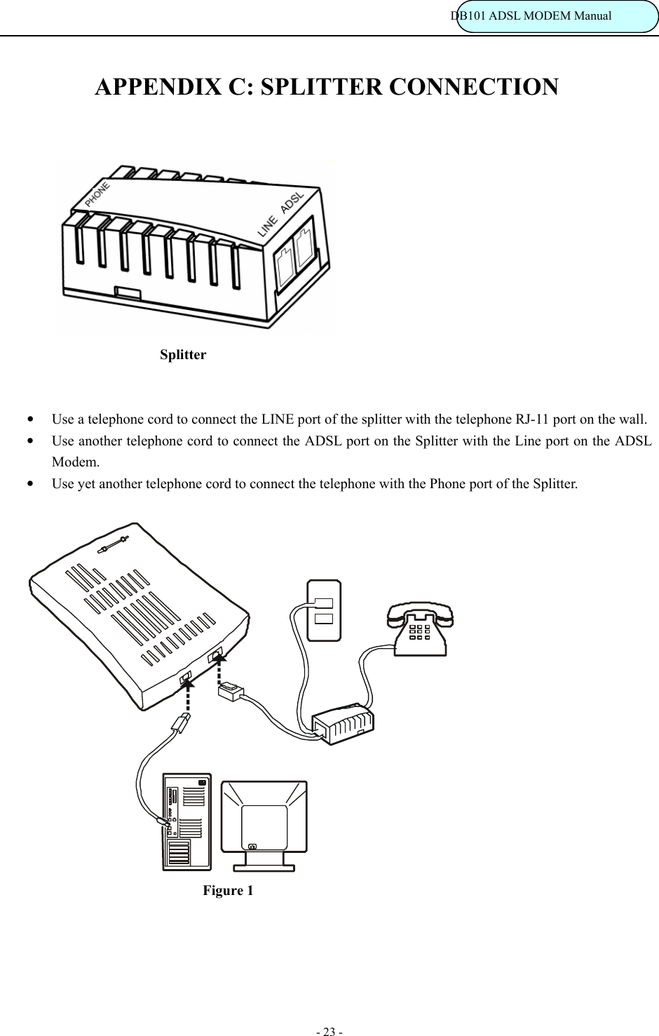                                                                           DB101 ADSL MODEM Manual - 23 - APPENDIX C: SPLITTER CONNECTION                   Splitter   &bull; Use a telephone cord to connect the LINE port of the splitter with the telephone RJ-11 port on the wall. &bull; Use another telephone cord to connect the ADSL port on the Splitter with the Line port on the ADSL Modem. &bull; Use yet another telephone cord to connect the telephone with the Phone port of the Splitter.                                Figure 1 