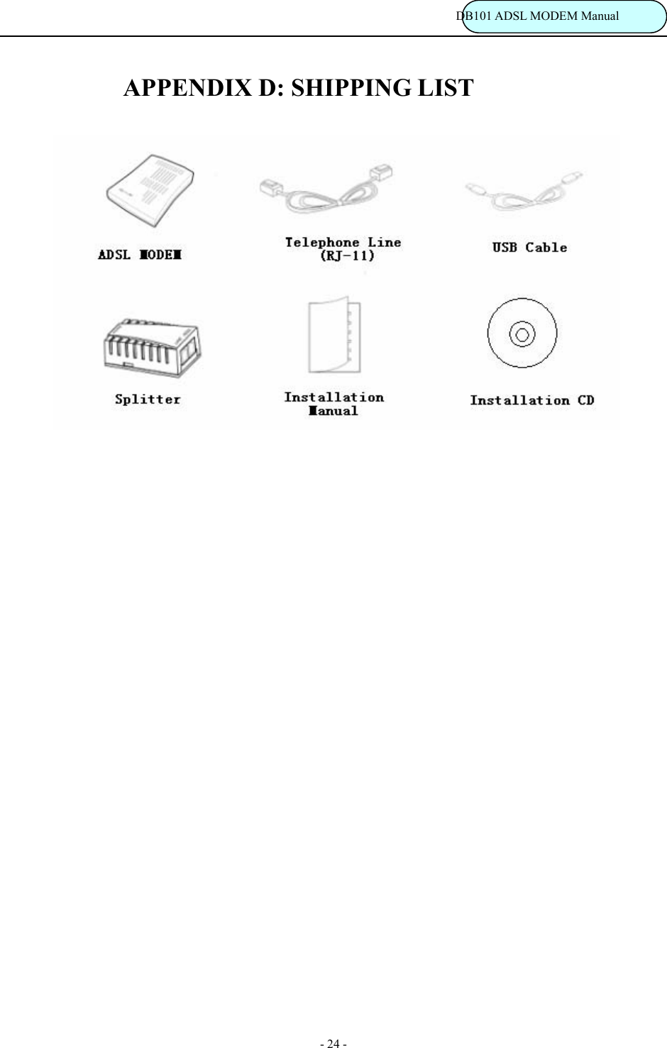                                                                           DB101 ADSL MODEM Manual - 24 - APPENDIX D: SHIPPING LIST                              
