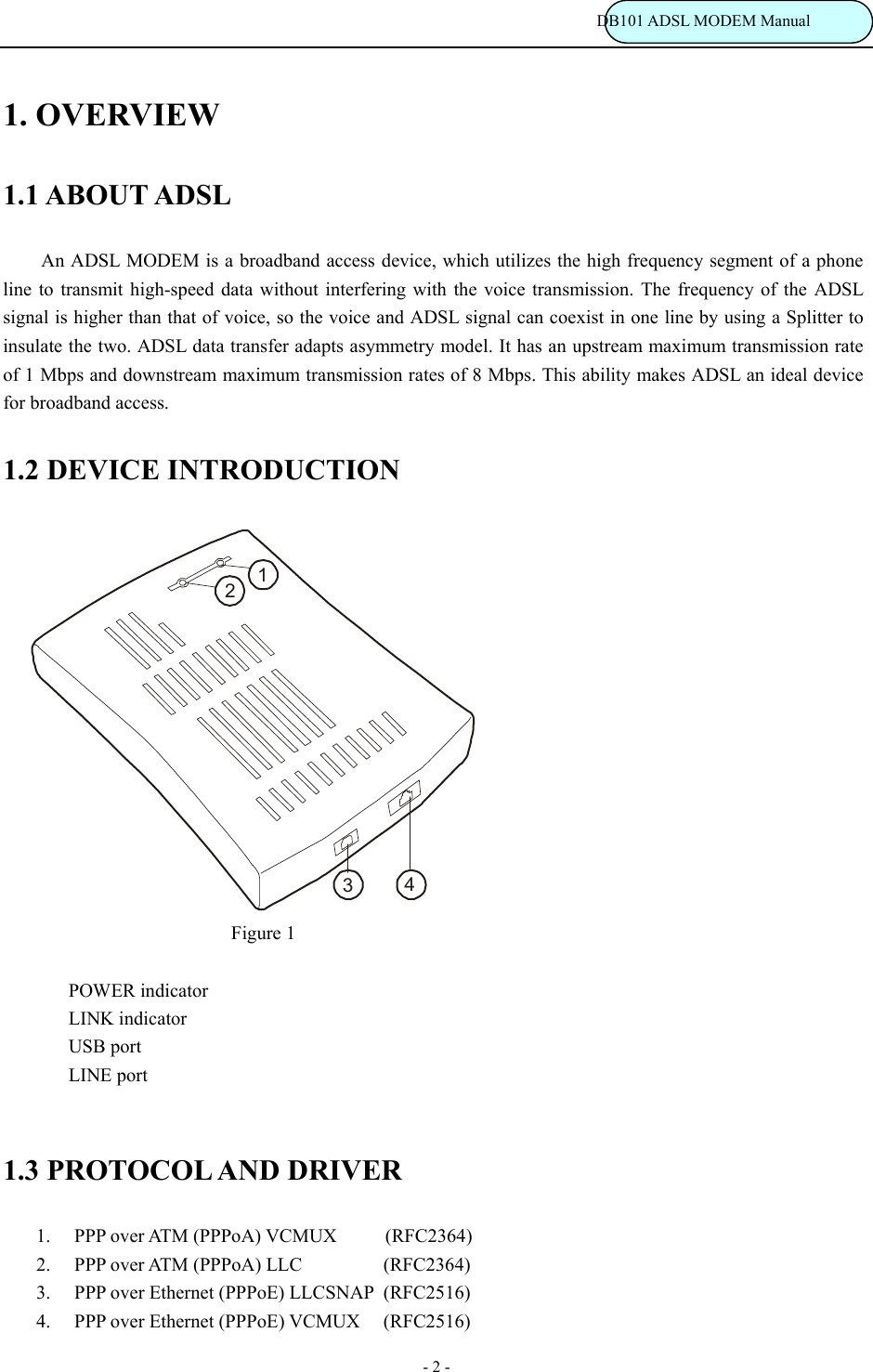                                                                           DB101 ADSL MODEM Manual - 2 - 1. OVERVIEW 1.1 ABOUT ADSL An ADSL MODEM is a broadband access device, which utilizes the high frequency segment of a phone line to transmit high-speed data without interfering with the voice transmission. The frequency of the ADSL signal is higher than that of voice, so the voice and ADSL signal can coexist in one line by using a Splitter to insulate the two. ADSL data transfer adapts asymmetry model. It has an upstream maximum transmission rate of 1 Mbps and downstream maximum transmission rates of 8 Mbps. This ability makes ADSL an ideal device for broadband access. 1.2 DEVICE INTRODUCTION    1234 Figure 1   POWER indicator   LINK indicator        USB port        LINE port  1.3 PROTOCOL AND DRIVER 1. PPP over ATM (PPPoA) VCMUX  (RFC2364) 2. PPP over ATM (PPPoA) LLC     (RFC2364) 3. PPP over Ethernet (PPPoE) LLCSNAP  (RFC2516) 4. PPP over Ethernet (PPPoE) VCMUX  (RFC2516) 