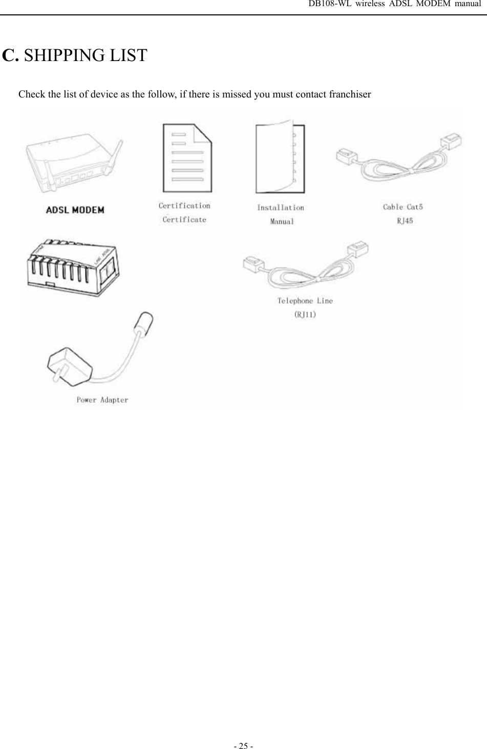  DB108-WL wireless ADSL MODEM manual  - 25 - C. SHIPPING LIST  Check the list of device as the follow, if there is missed you must contact franchiser       