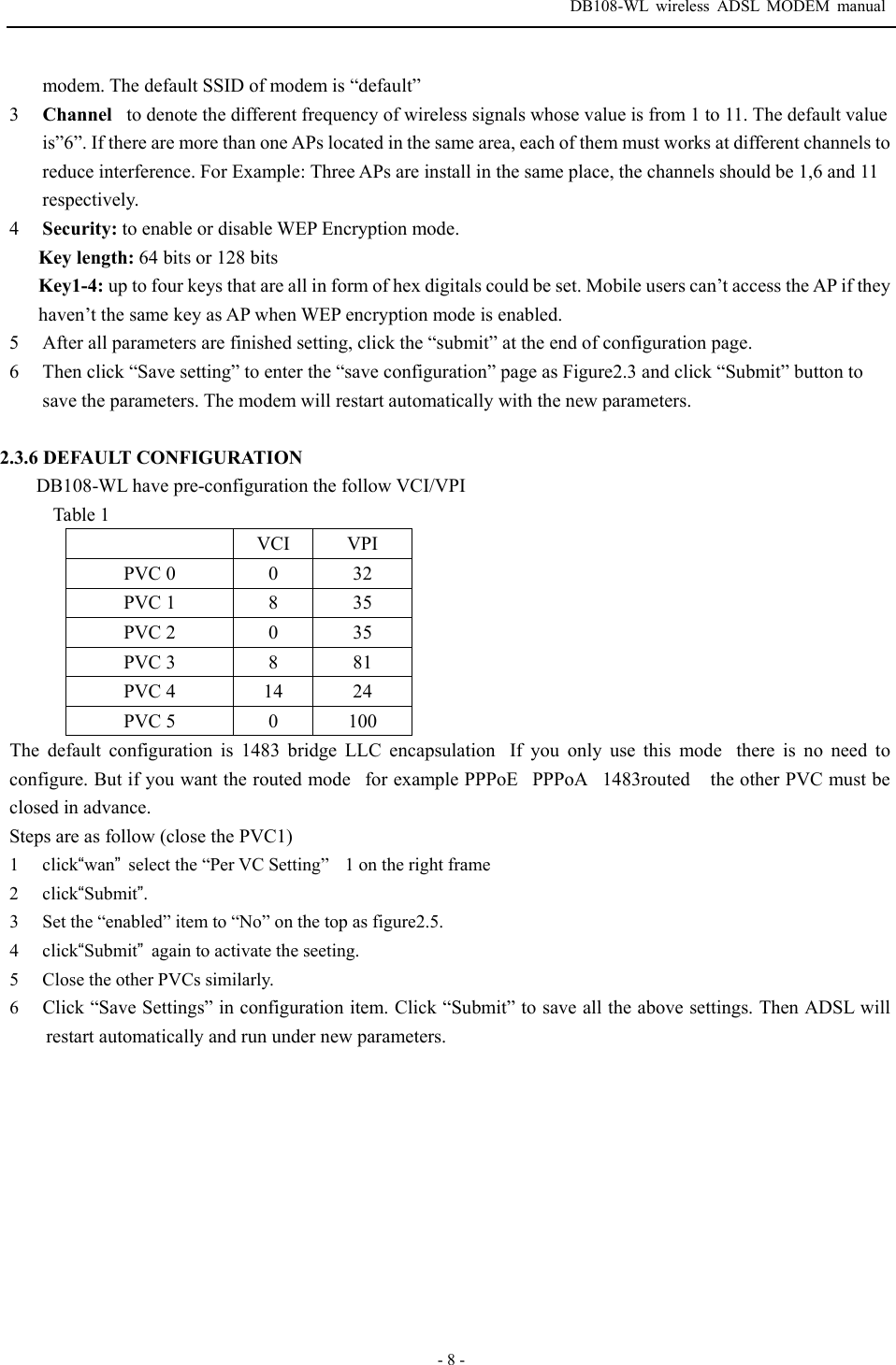  DB108-WL wireless ADSL MODEM manual  - 8 - modem. The default SSID of modem is &ldquo;default&rdquo; 3  Channelto denote the different frequency of wireless signals whose value is from 1 to 11. The default value is&rdquo;6&rdquo;. If there are more than one APs located in the same area, each of them must works at different channels to reduce interference. For Example: Three APs are install in the same place, the channels should be 1,6 and 11 respectively.  4  Security: to enable or disable WEP Encryption mode.   Key length: 64 bits or 128 bits  Key1-4: up to four keys that are all in form of hex digitals could be set. Mobile users can&rsquo;t access the AP if they haven&rsquo;t the same key as AP when WEP encryption mode is enabled. 5  After all parameters are finished setting, click the &ldquo;submit&rdquo; at the end of configuration page. 6  Then click &ldquo;Save setting&rdquo; to enter the &ldquo;save configuration&rdquo; page as Figure2.3 and click &ldquo;Submit&rdquo; button to save the parameters. The modem will restart automatically with the new parameters.    2.3.6 DEFAULT CONFIGURATION DB108-WL have pre-configuration the follow VCI/VPI    Table 1  VCI VPI PVC 0  0  32 PVC 1  8  35 PVC 2  0  35 PVC 3  8  81 PVC 4  14  24 PVC 5  0  100 The default configuration is 1483 bridge LLC encapsulationIf you only use this modethere is no need to configure. But if you want the routed modefor example PPPoEPPPoA1483routedthe other PVC must be closed in advance. Steps are as follow (close the PVC1)   1  click&ldquo;wan&rdquo;select the &ldquo;Per VC Setting&rdquo;    1 on the right frame 2  click&ldquo;Submit&rdquo;. 3  Set the &ldquo;enabled&rdquo; item to &ldquo;No&rdquo; on the top as figure2.5. 4  click&ldquo;Submit&rdquo;  again to activate the seeting. 5  Close the other PVCs similarly.   6  Click &ldquo;Save Settings&rdquo; in configuration item. Click &ldquo;Submit&rdquo; to save all the above settings. Then ADSL will restart automatically and run under new parameters.   