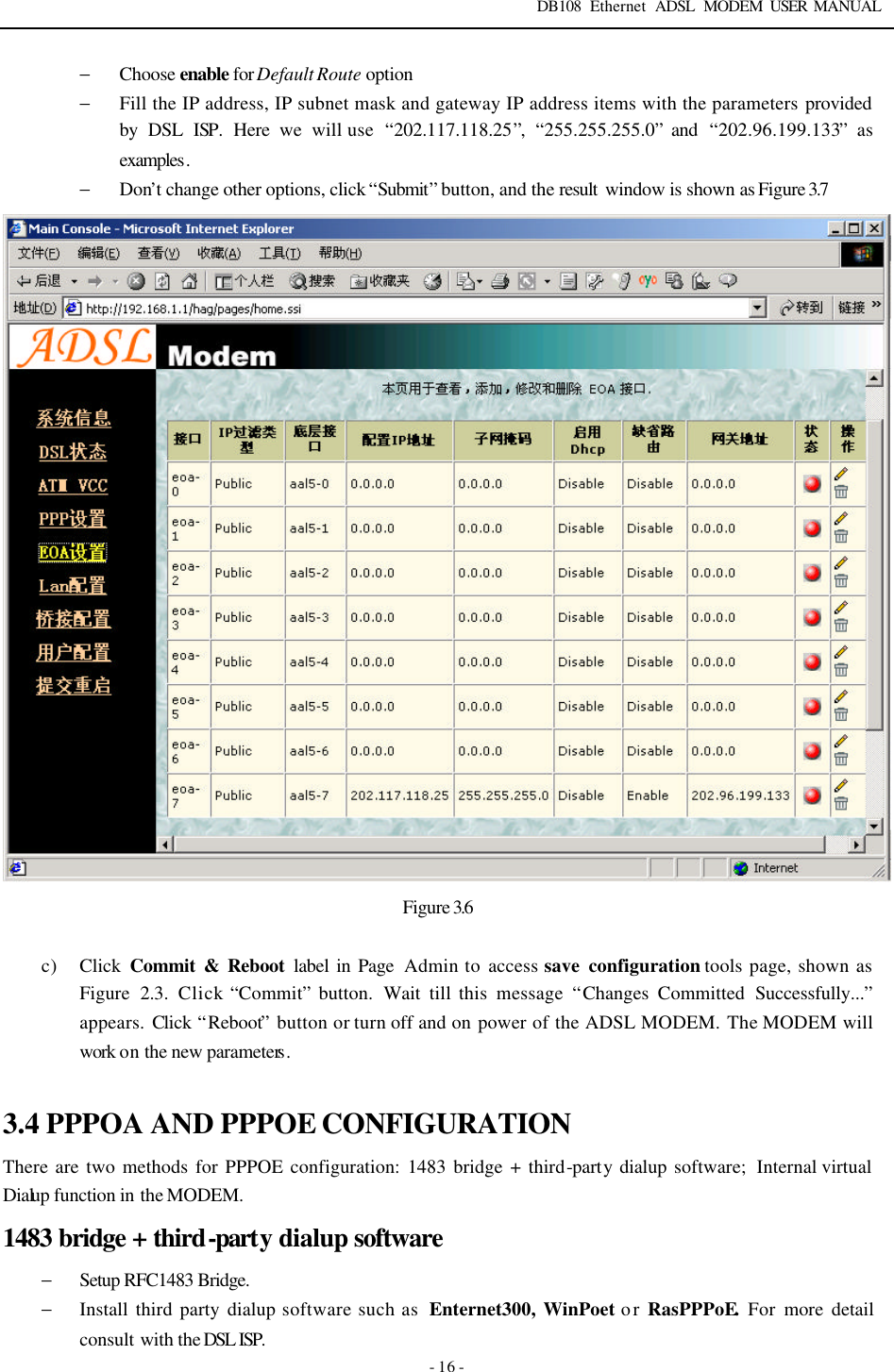DB108 Ethernet ADSL MODEM USER MANUAL   - 16 - &minus; Choose enable for Default Route option &minus; Fill the IP address, IP subnet mask and gateway IP address items with the parameters provided by DSL ISP. Here we will use  &ldquo;202.117.118.25&rdquo;,  &ldquo;255.255.255.0&rdquo; and  &ldquo;202.96.199.133&rdquo; as examples. &minus; Don&rsquo;t change other options, click &ldquo;Submit&rdquo; button, and the result  window is shown as Figure 3.7  Figure 3.6  c) Click  Commit &amp; Reboot label in Page  Admin to access save configuration tools page, shown as Figure  2.3. Click &ldquo;Commit&rdquo; button.  Wait  till this message &ldquo;Changes  Committed Successfully...&rdquo; appears. Click &ldquo;Reboot&rdquo; button or turn off and on power of the ADSL MODEM. The MODEM will work on the new parameters.  3.4 PPPOA AND PPPOE CONFIGURATION There are two methods for PPPOE configuration: 1483 bridge + third-party dialup software;  Internal virtual Dialup function in the MODEM. 1483 bridge + third-party dialup software &minus; Setup RFC1483 Bridge. &minus; Install third party dialup software such as  Enternet300, WinPoet or RasPPPoE. For more detail consult with the DSL ISP.  