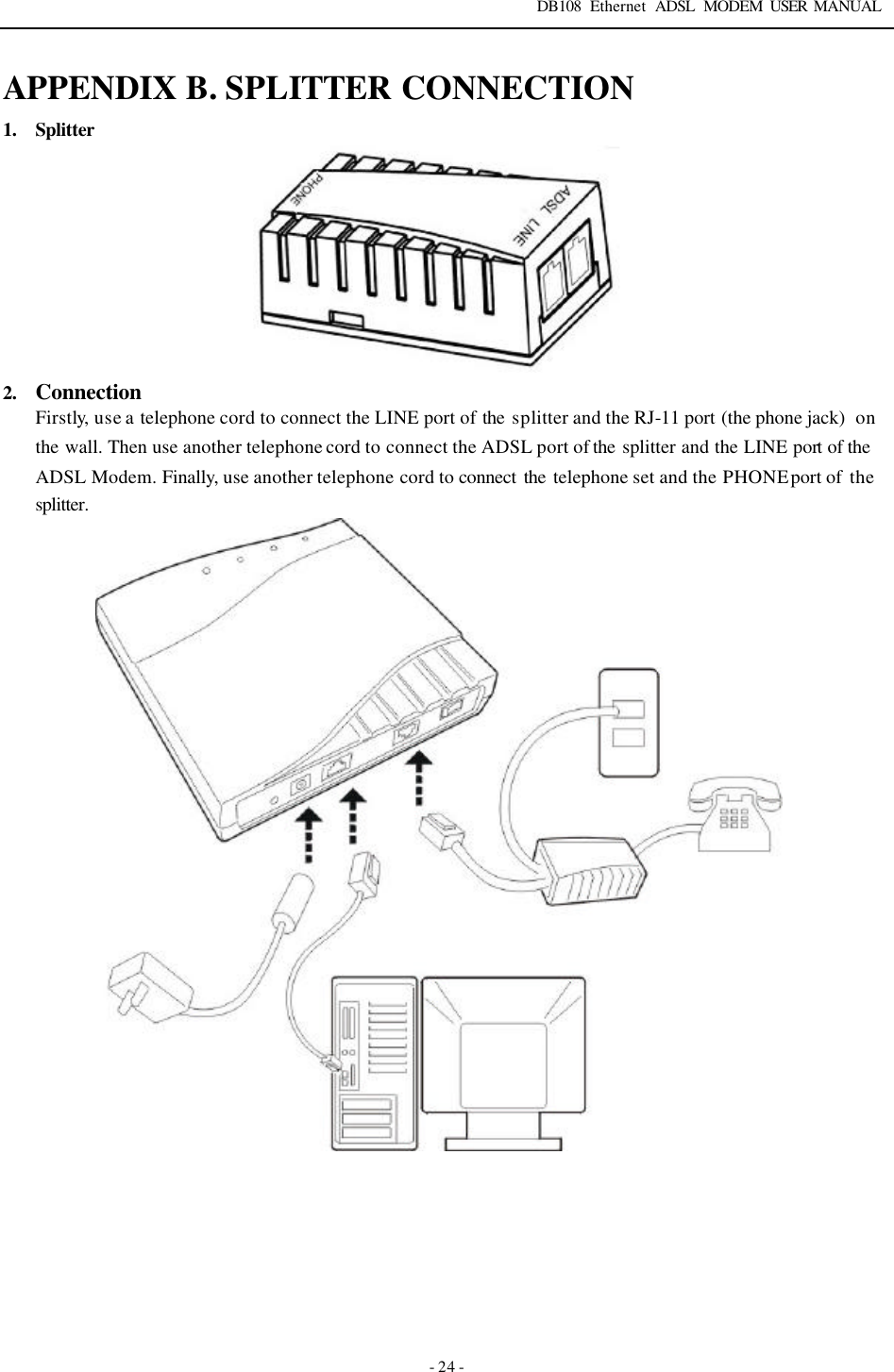 DB108 Ethernet ADSL MODEM USER MANUAL   - 24 - APPENDIX B. SPLITTER CONNECTION 1.  Splitter   2.  Connection Firstly, use a telephone cord to connect the LINE port of the  splitter and the RJ-11 port (the phone jack)  on the wall. Then use another telephone cord to connect the ADSL port of the  splitter and the LINE port of the  ADSL Modem. Finally, use another telephone cord to connect  the  telephone set and the PHONE port of  the splitter.   