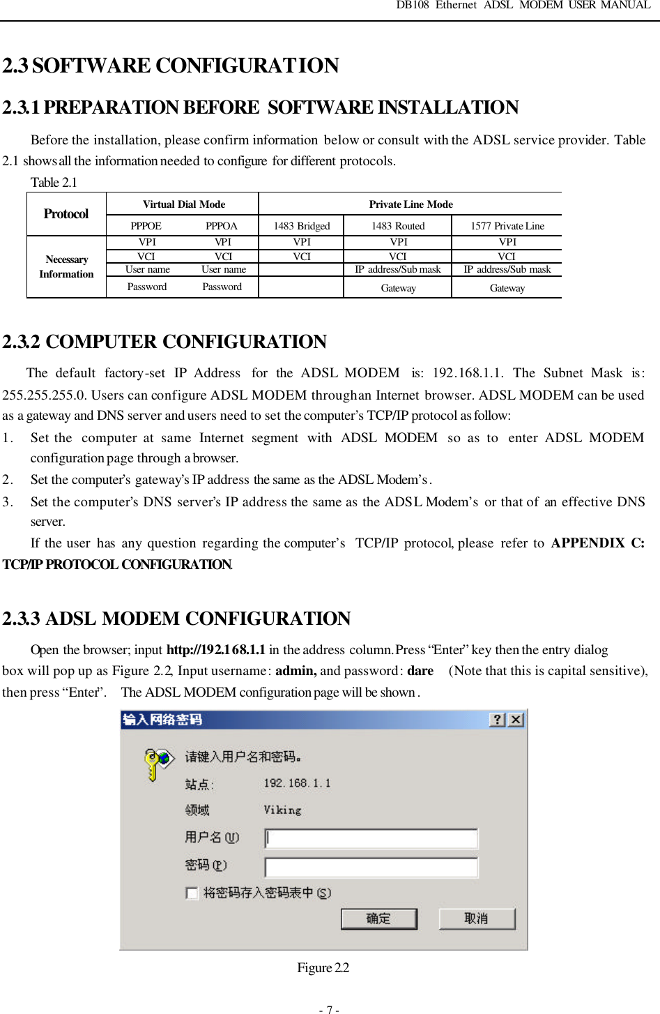 DB108 Ethernet ADSL MODEM USER MANUAL   - 7 - 2.3 SOFTWARE CONFIGURATION   2.3.1 PREPARATION BEFORE  SOFTWARE INSTALLATION  Before the installation, please confirm information  below or consult with the ADSL service provider. Table 2.1 shows all the information needed to configure  for different protocols. Table 2.1 Virtual Dial Mode Private Line Mode Protocol PPPOE PPPOA 1483 Bridged 1483 Routed 1577 Private Line VPI VPI VPI VPI VPI VCI VCI VCI VCI VCI User name User name    IP address/Sub mask IP address/Sub mask Necessary Information Password Password  Gateway Gateway  2.3.2 COMPUTER CONFIGURATION The  default  factory-set  IP Address  for the ADSL MODEM  is:  192.168.1.1. The  Subnet Mask is : 255.255.255.0. Users can configure ADSL MODEM through an Internet  browser. ADSL MODEM can be used as a gateway and DNS server and users need to set the computer&rsquo;s  TCP/IP protocol as follow:   1. Set the  computer at same  Internet segment with ADSL MODEM  so as to  enter ADSL MODEM configuration page through a browser.   2. Set the computer&rsquo;s  gateway&rsquo;s IP address the same as the ADSL Modem&rsquo;s .   3. Set the computer&rsquo;s DNS server&rsquo;s IP address the same as the ADSL Modem&rsquo;s  or that of  an effective DNS server. If  the user  has any question regarding the computer&rsquo;s  TCP/IP protocol, please  refer to APPENDIX C: TCP/IP PROTOCOL CONFIGURATION.  2.3.3 ADSL MODEM CONFIGURATION Open the browser; input http://192.168.1.1 in the address column. Press &ldquo;Enter&rdquo; key then the entry dialog box will pop up as Figure 2.2, Input username: admin, and password: dare   (Note that this is capital sensitive), then press &ldquo;Enter&rdquo;.  The ADSL MODEM configuration page will be shown .  Figure 2.2  