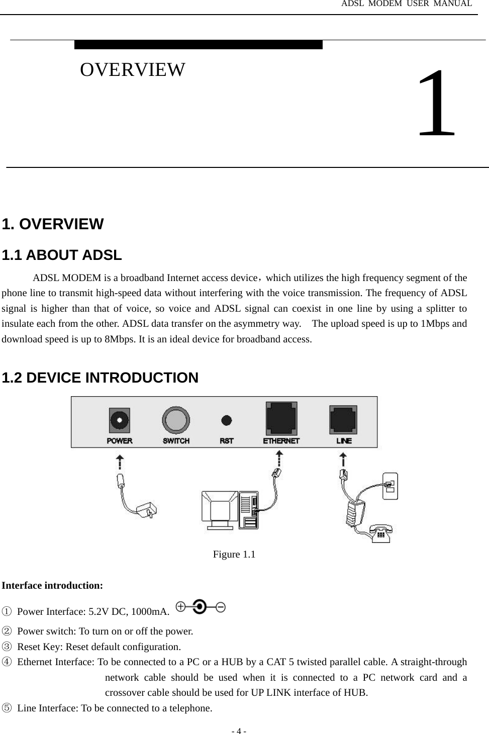 ADSL MODEM USER MANUAL  - 4 -  1. OVERVIEW 1.1 ABOUT ADSL ADSL MODEM is a broadband Internet access device，which utilizes the high frequency segment of the phone line to transmit high-speed data without interfering with the voice transmission. The frequency of ADSL signal is higher than that of voice, so voice and ADSL signal can coexist in one line by using a splitter to insulate each from the other. ADSL data transfer on the asymmetry way.    The upload speed is up to 1Mbps and download speed is up to 8Mbps. It is an ideal device for broadband access.  1.2 DEVICE INTRODUCTION  Figure 1.1  Interface introduction: ①  Power Interface: 5.2V DC, 1000mA.    ②  Power switch: To turn on or off the power. ③  Reset Key: Reset default configuration. ④  Ethernet Interface: To be connected to a PC or a HUB by a CAT 5 twisted parallel cable. A straight-through network cable should be used when it is connected to a PC network card and a crossover cable should be used for UP LINK interface of HUB.   ⑤  Line Interface: To be connected to a telephone.  1 OVERVIEW 