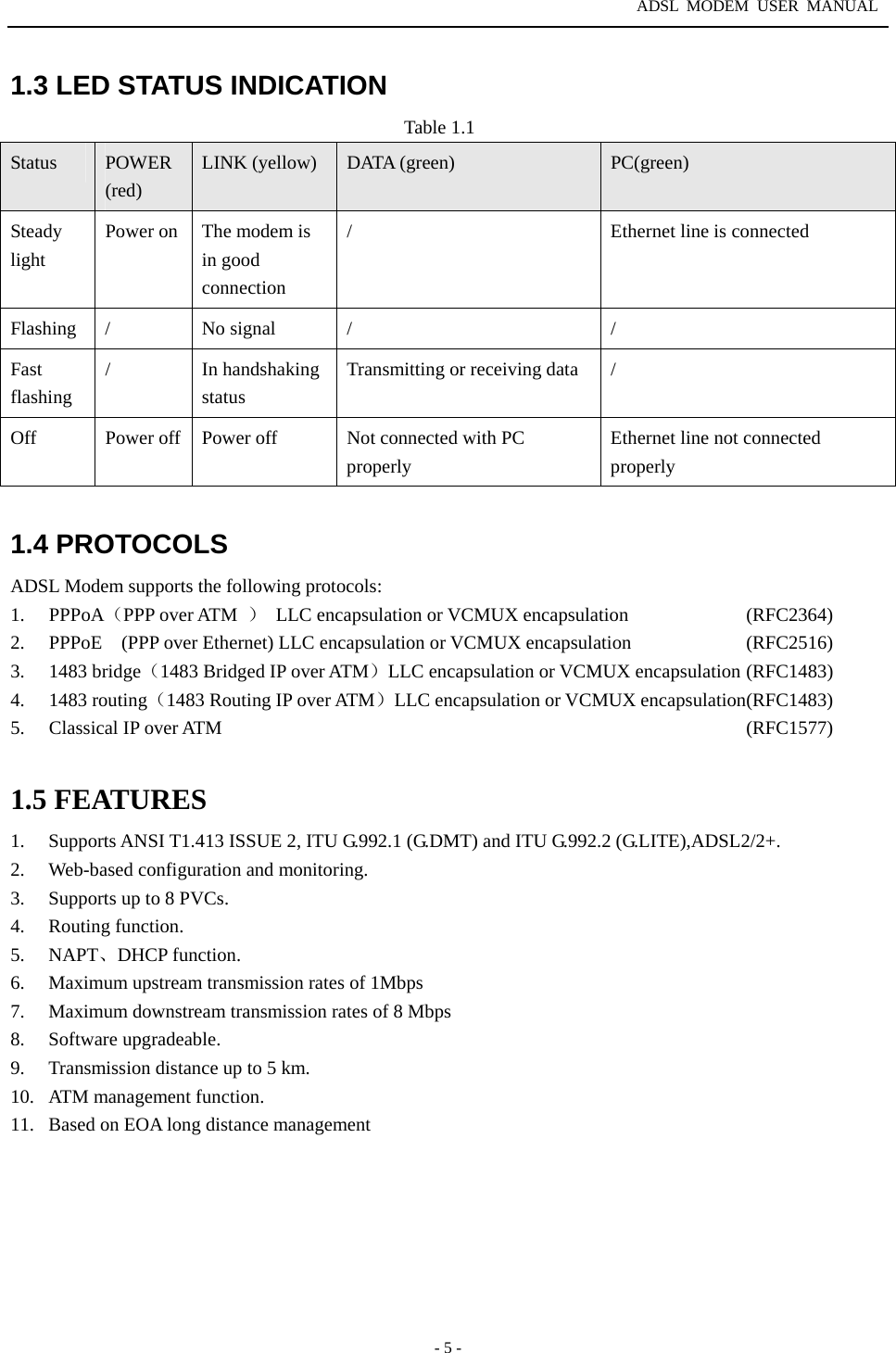 ADSL MODEM USER MANUAL  - 5 - 1.3 LED STATUS INDICATION Table 1.1 Status  POWER (red) LINK (yellow)  DATA (green)  PC(green) Steady light Power on  The modem is in good connection /  Ethernet line is connected Flashing /  No signal  /  / Fast flashing / In handshaking status Transmitting or receiving data  / Off  Power off  Power off  Not connected with PC properly Ethernet line not connected properly  1.4 PROTOCOLS ADSL Modem supports the following protocols:   1. PPPoA（PPP over ATM  ） LLC encapsulation or VCMUX encapsulation            (RFC2364) 2.  PPPoE    (PPP over Ethernet) LLC encapsulation or VCMUX encapsulation            (RFC2516)  3. 1483 bridge（1483 Bridged IP over ATM）LLC encapsulation or VCMUX encapsulation (RFC1483) 4. 1483 routing（1483 Routing IP over ATM）LLC encapsulation or VCMUX encapsulation(RFC1483) 5. Classical IP over ATM  (RFC1577)  1.5 FEATURES 1.  Supports ANSI T1.413 ISSUE 2, ITU G.992.1 (G.DMT) and ITU G.992.2 (G.LITE),ADSL2/2+. 2.  Web-based configuration and monitoring. 3.  Supports up to 8 PVCs. 4. Routing function. 5. NAPT、DHCP function. 6.  Maximum upstream transmission rates of 1Mbps   7.  Maximum downstream transmission rates of 8 Mbps 8. Software upgradeable. 9.  Transmission distance up to 5 km. 10.  ATM management function. 11.  Based on EOA long distance management 