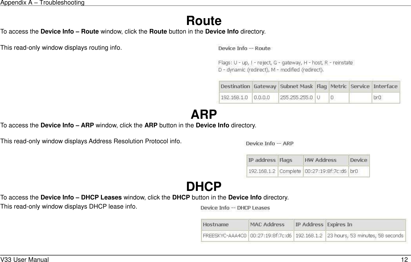 Appendix A &ndash; Troubleshooting    V33 User Manual   12 Route To access the Device Info &ndash; Route window, click the Route button in the Device Info directory.  This read-only window displays routing info.     ARP To access the Device Info &ndash; ARP window, click the ARP button in the Device Info directory.  This read-only window displays Address Resolution Protocol info.   DHCP To access the Device Info &ndash; DHCP Leases window, click the DHCP button in the Device Info directory. This read-only window displays DHCP lease info.    