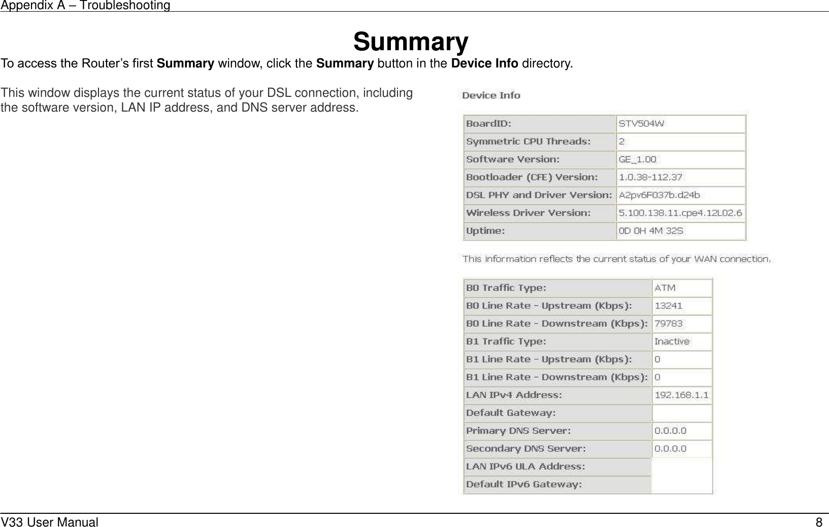Appendix A &ndash; Troubleshooting    V33 User Manual   8 Summary To access the Router&rsquo;s first Summary window, click the Summary button in the Device Info directory.  This window displays the current status of your DSL connection, including the software version, LAN IP address, and DNS server address.   