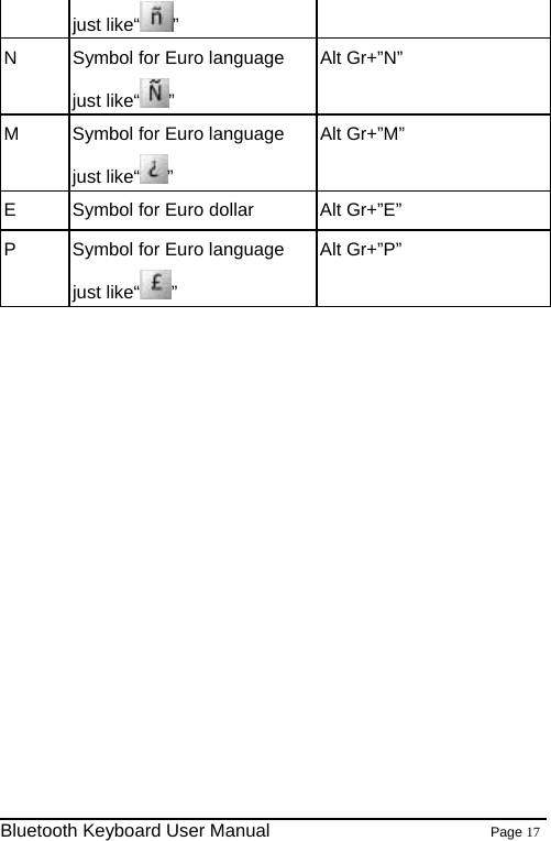 just like“ ” N  Symbol for Euro language just like“ ” Alt Gr+”N” M  Symbol for Euro language just like“ ” Alt Gr+”M” E  Symbol for Euro dollar  Alt Gr+”E” P  Symbol for Euro language just like“ ” Alt Gr+”P”                                                               Bluetooth Keyboard User Manual                        Page 17    
