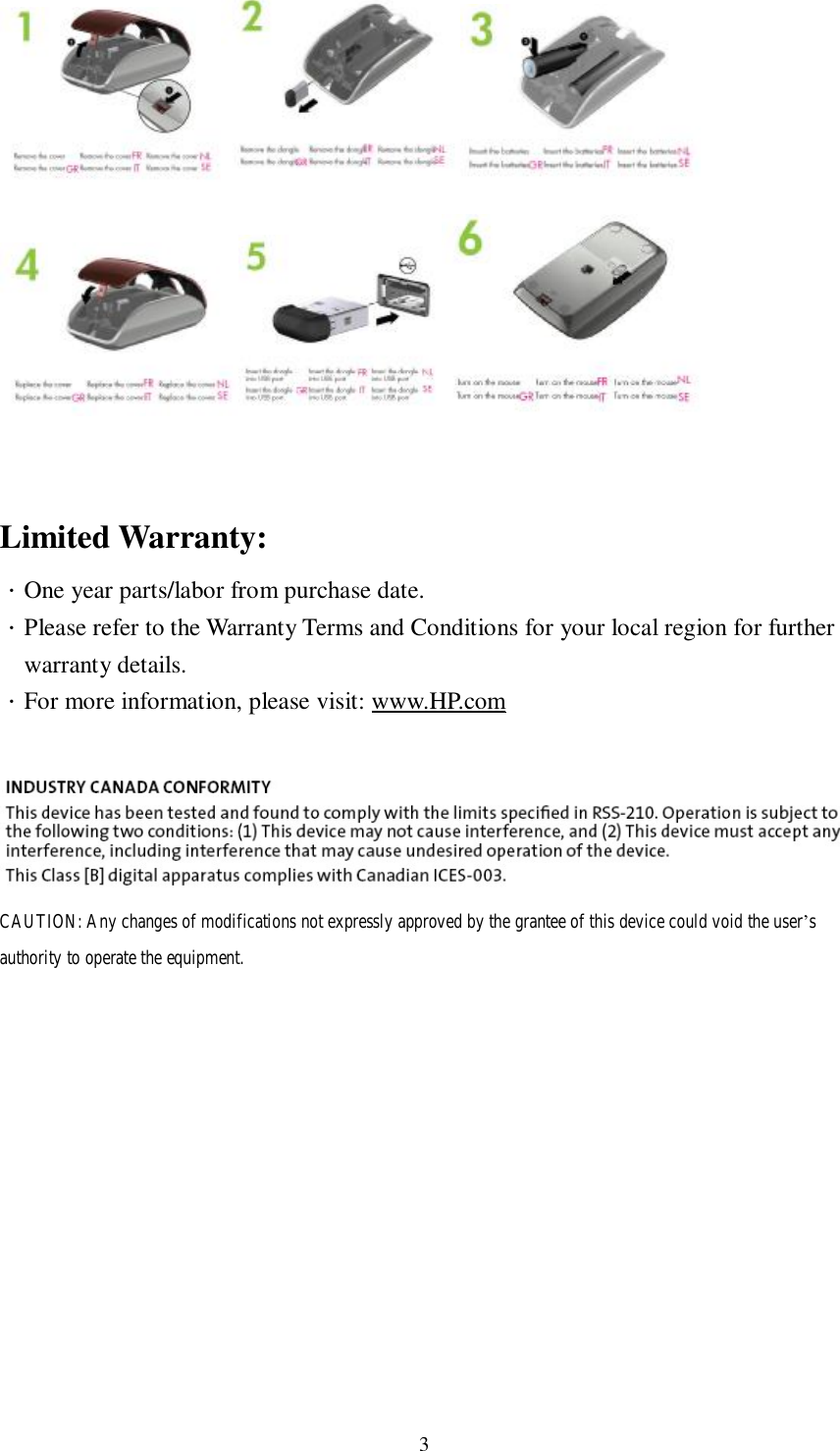  3   Limited Warranty: ．One year parts/labor from purchase date. ．Please refer to the Warranty Terms and Conditions for your local region for further  warranty details. ．For more information, please visit: www.HP.com   CAUTION: Any changes of modifications not expressly approved by the grantee of this device could void the user’s authority to operate the equipment.  