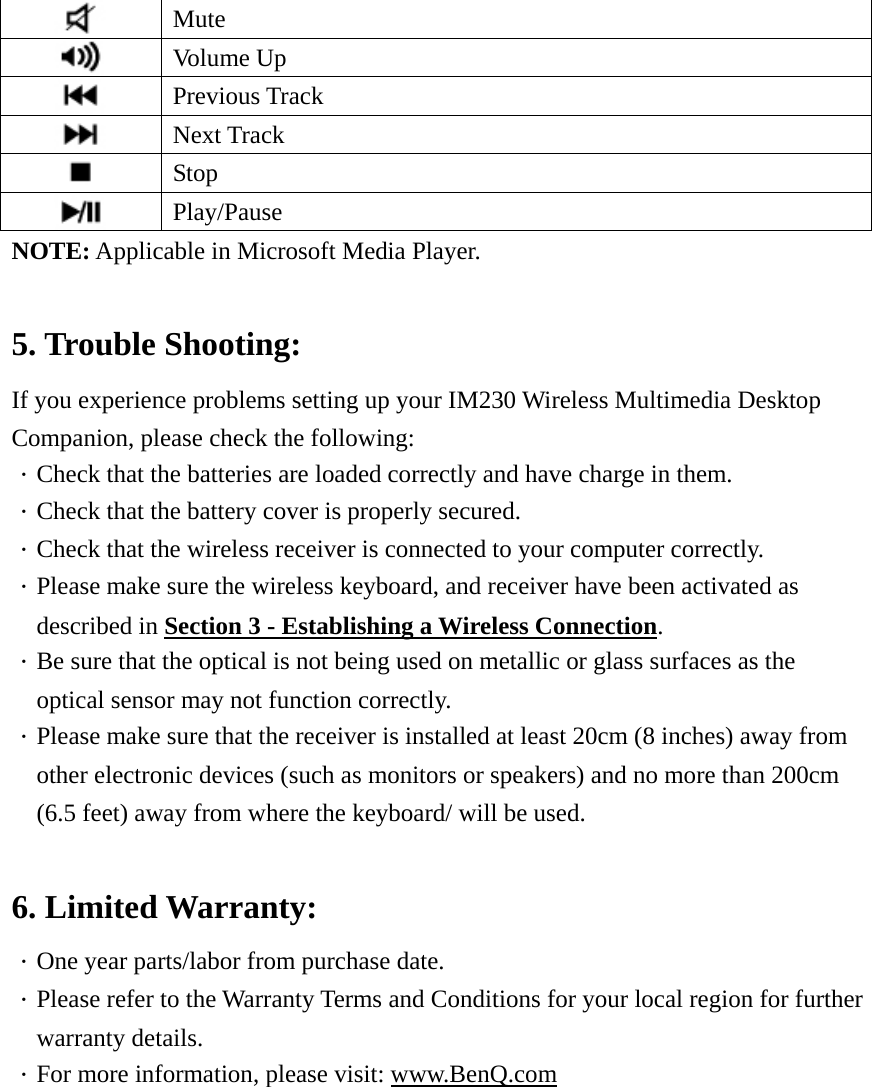  Mute  Volume Up  Previous Track  Next Track  Stop  Play/Pause NOTE: Applicable in Microsoft Media Player.  5. Trouble Shooting: If you experience problems setting up your IM230 Wireless Multimedia Desktop Companion, please check the following: ．Check that the batteries are loaded correctly and have charge in them. ．Check that the battery cover is properly secured. ．Check that the wireless receiver is connected to your computer correctly. ．Please make sure the wireless keyboard, and receiver have been activated as   described in Section 3 - Establishing a Wireless Connection.  ．Be sure that the optical is not being used on metallic or glass surfaces as the   optical sensor may not function correctly. ．Please make sure that the receiver is installed at least 20cm (8 inches) away from   other electronic devices (such as monitors or speakers) and no more than 200cm (6.5 feet) away from where the keyboard/ will be used.  6. Limited Warranty: ．One year parts/labor from purchase date. ．Please refer to the Warranty Terms and Conditions for your local region for further   warranty details. ．For more information, please visit: www.BenQ.com 