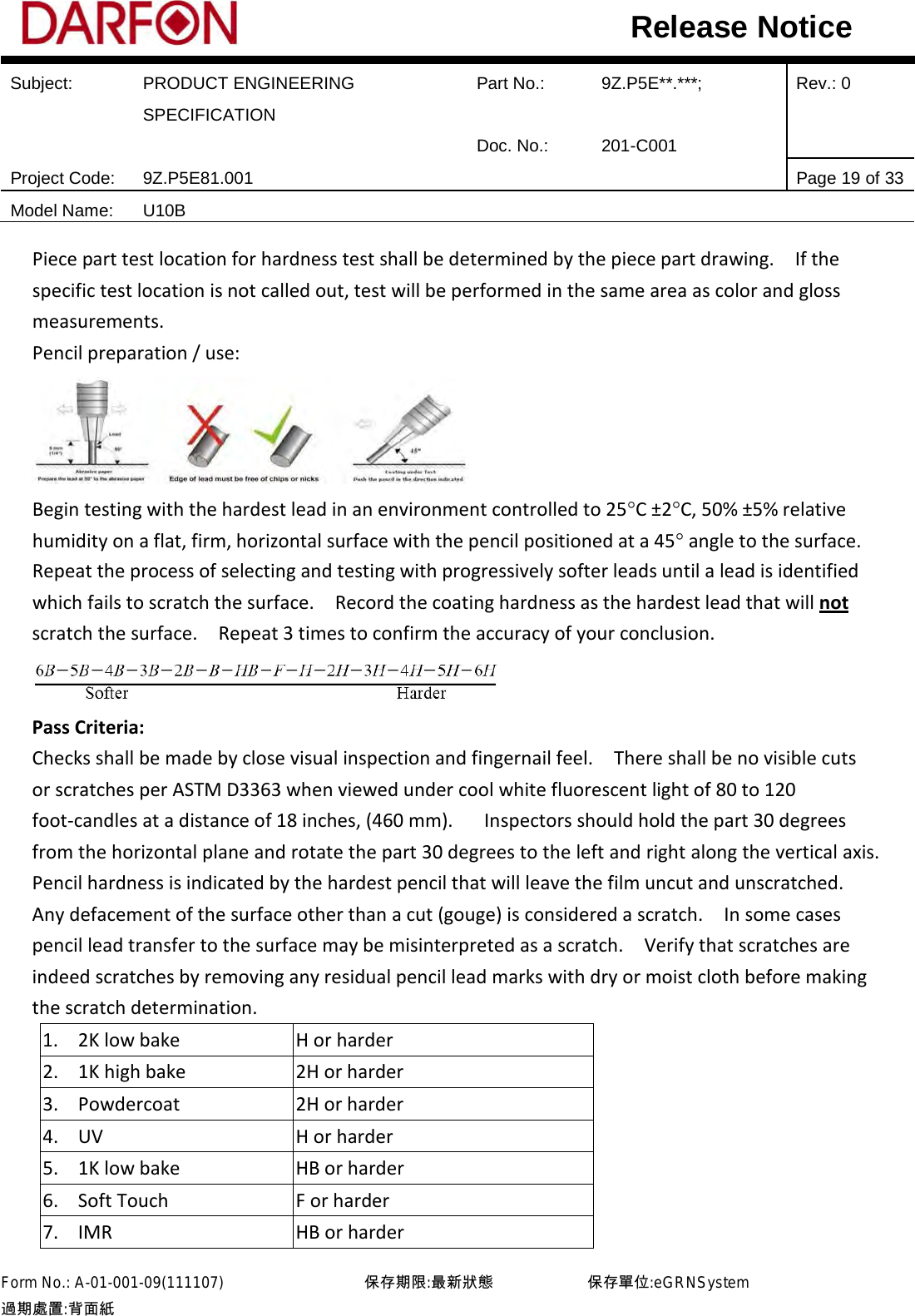  Subject: PRODUCT ENGINEERING SPECIFICATION Part No.: 9Z.P5E**.***; Rev.: 0  Doc. No.: 201-C001    Project Code: 9Z.P5E81.001   Page 19 of 33 Model Name: U10B  Release Notice Piece part test location for hardness test shall be determined by the piece part drawing.    If the specific test location is not called out, test will be performed in the same area as color and gloss measurements. Pencil preparation / use:  Begin testing with the hardest lead in an environment controlled to 25°C ±2°C, 50% ±5% relative humidity on a flat, firm, horizontal surface with the pencil positioned at a 45° angle to the surface.   Repeat the process of selecting and testing with progressively softer leads until a lead is identified which fails to scratch the surface.    Record the coating hardness as the hardest lead that will not scratch the surface.    Repeat 3 times to confirm the accuracy of your conclusion.  Pass Criteria: Checks shall be made by close visual inspection and fingernail feel.    There shall be no visible cuts or scratches per ASTM D3363 when viewed under cool white fluorescent light of 80 to 120 foot-candles at a distance of 18 inches, (460 mm).      Inspectors should hold the part 30 degrees from the horizontal plane and rotate the part 30 degrees to the left and right along the vertical axis. Pencil hardness is indicated by the hardest pencil that will leave the film uncut and unscratched. Any defacement of the surface other than a cut (gouge) is considered a scratch.    In some cases pencil lead transfer to the surface may be misinterpreted as a scratch.    Verify that scratches are indeed scratches by removing any residual pencil lead marks with dry or moist cloth before making the scratch determination. 1.       2K low bake H or harder 2.       1K high bake 2H or harder 3.       Powdercoat 2H or harder 4.       UV H or harder   5.       1K low bake HB or harder 6.       Soft Touch F or harder 7.       IMR HB or harder Form No.: A-01-001-09(111107)         保存期限:最新狀態            保存單位:eGRNSystem 過期處置:背面紙  
