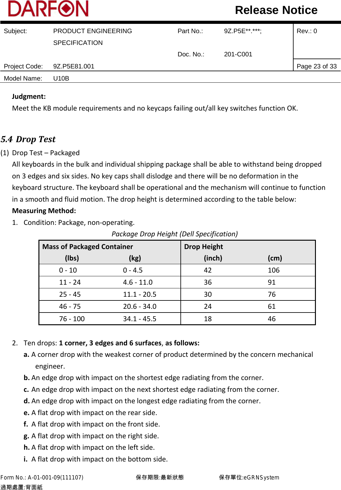  Subject: PRODUCT ENGINEERING SPECIFICATION Part No.: 9Z.P5E**.***; Rev.: 0  Doc. No.: 201-C001    Project Code: 9Z.P5E81.001   Page 23 of 33 Model Name: U10B  Release Notice Judgment: Meet the KB module requirements and no keycaps failing out/all key switches function OK.  5.4 Drop Test (1) Drop Test – Packaged All keyboards in the bulk and individual shipping package shall be able to withstand being dropped on 3 edges and six sides. No key caps shall dislodge and there will be no deformation in the keyboard structure. The keyboard shall be operational and the mechanism will continue to function in a smooth and fluid motion. The drop height is determined according to the table below: Measuring Method: 1. Condition: Package, non-operating. Package Drop Height (Dell Specification) Mass of Packaged Container (lbs)   (kg) Drop Height (inch) (cm) 0 - 10   0 - 4.5 42 106 11 - 24 4.6 - 11.0 36 91 25 - 45 11.1 - 20.5 30 76 46 - 75 20.6 - 34.0 24 61 76 - 100 34.1 - 45.5 18 46  2. Ten drops: 1 corner, 3 edges and 6 surfaces, as follows: a. A corner drop with the weakest corner of product determined by the concern mechanical engineer. b. An edge drop with impact on the shortest edge radiating from the corner. c. An edge drop with impact on the next shortest edge radiating from the corner. d. An edge drop with impact on the longest edge radiating from the corner. e. A flat drop with impact on the rear side. f. A flat drop with impact on the front side. g. A flat drop with impact on the right side. h. A flat drop with impact on the left side. i. A flat drop with impact on the bottom side. Form No.: A-01-001-09(111107)         保存期限:最新狀態            保存單位:eGRNSystem 過期處置:背面紙  