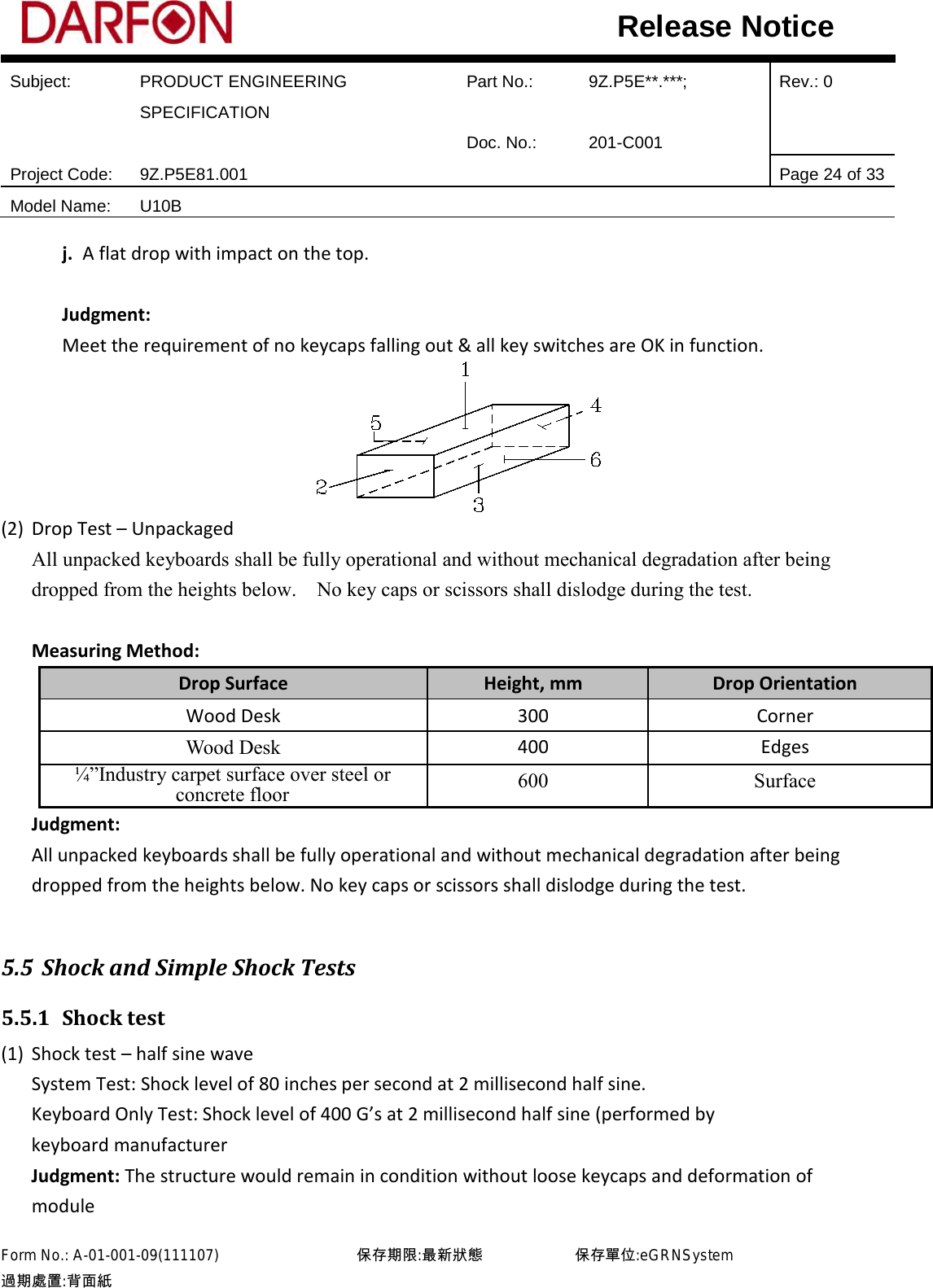  Subject: PRODUCT ENGINEERING SPECIFICATION Part No.: 9Z.P5E**.***; Rev.: 0  Doc. No.: 201-C001    Project Code: 9Z.P5E81.001   Page 24 of 33 Model Name: U10B  Release Notice j. A flat drop with impact on the top.  Judgment: Meet the requirement of no keycaps falling out &amp; all key switches are OK in function.  (2) Drop Test – Unpackaged All unpacked keyboards shall be fully operational and without mechanical degradation after being dropped from the heights below.    No key caps or scissors shall dislodge during the test.  Measuring Method: Drop Surface Height, mm Drop Orientation Wood Desk 300 Corner Wood Desk  400 Edges ¼”Industry carpet surface over steel or concrete floor 600  Surface Judgment: All unpacked keyboards shall be fully operational and without mechanical degradation after being dropped from the heights below. No key caps or scissors shall dislodge during the test.  5.5 Shock and Simple Shock Tests 5.5.1 Shock test (1) Shock test – half sine wave System Test: Shock level of 80 inches per second at 2 millisecond half sine.     Keyboard Only Test: Shock level of 400 G’s at 2 millisecond half sine (performed by   keyboard manufacturer Judgment: The structure would remain in condition without loose keycaps and deformation of module Form No.: A-01-001-09(111107)         保存期限:最新狀態            保存單位:eGRNSystem 過期處置:背面紙  