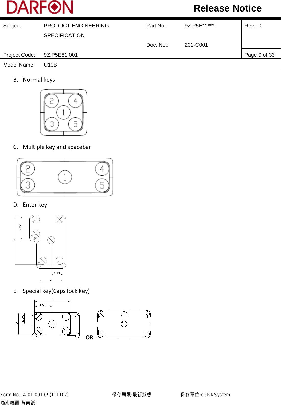  Subject: PRODUCT ENGINEERING SPECIFICATION Part No.: 9Z.P5E**.***; Rev.: 0  Doc. No.: 201-C001    Project Code: 9Z.P5E81.001   Page 9 of 33 Model Name: U10B  Release Notice B. Normal keys  C. Multiple key and spacebar  D. Enter key  E. Special key(Caps lock key)  OR    Form No.: A-01-001-09(111107)         保存期限:最新狀態            保存單位:eGRNSystem 過期處置:背面紙  