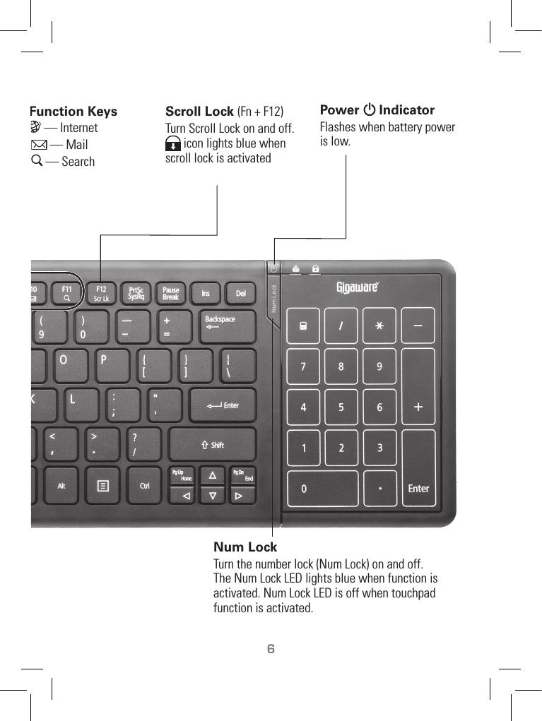 TM6Internet Function Keys• Fn + F9  — Internet• Fn + F10  — Mail• Fn + F11  — SearchScroll Lock (Fn + F12)Turn Scroll Lock on and off.  icon lights blue when scroll lock is activatedNum LockTurn the number lock (Num Lock) on and off. The Num Lock LED lights blue when function is activated. Num Lock LED is off when touchpad function is activated.Power G IndicatorFlashes when battery power is low. 